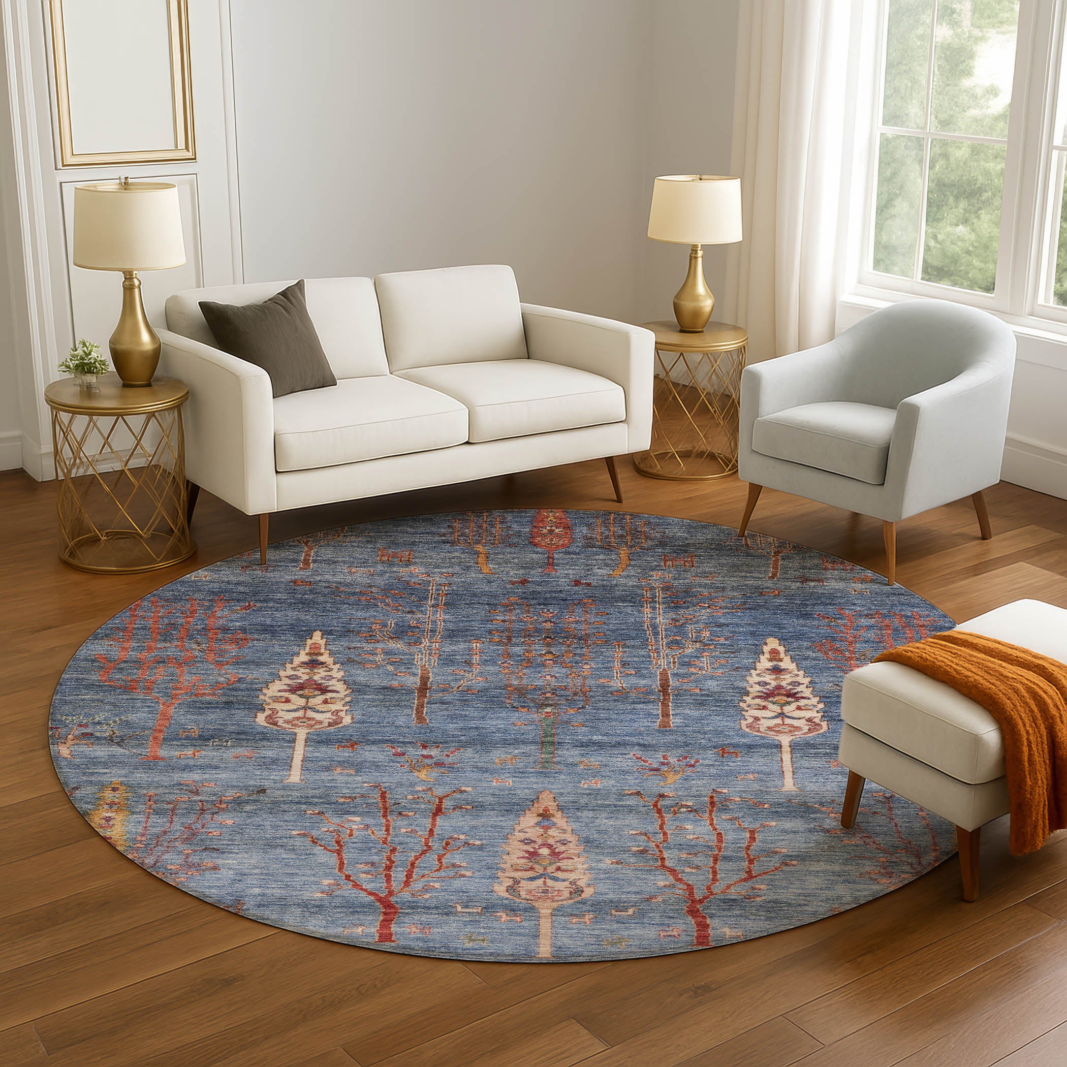 Antigua Machine Washable Transitional Blue Rug 8' x 8' #shape_Round