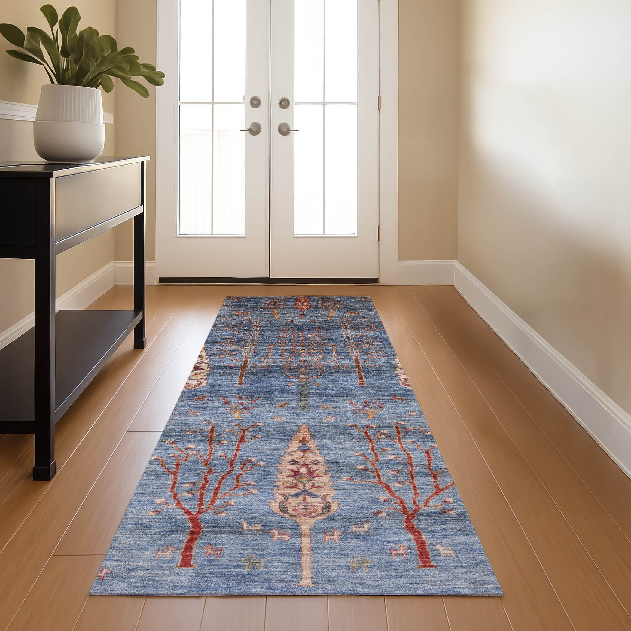 Antigua Machine Washable Transitional Blue Rug 2'3" x 7'6" #shape_Runner