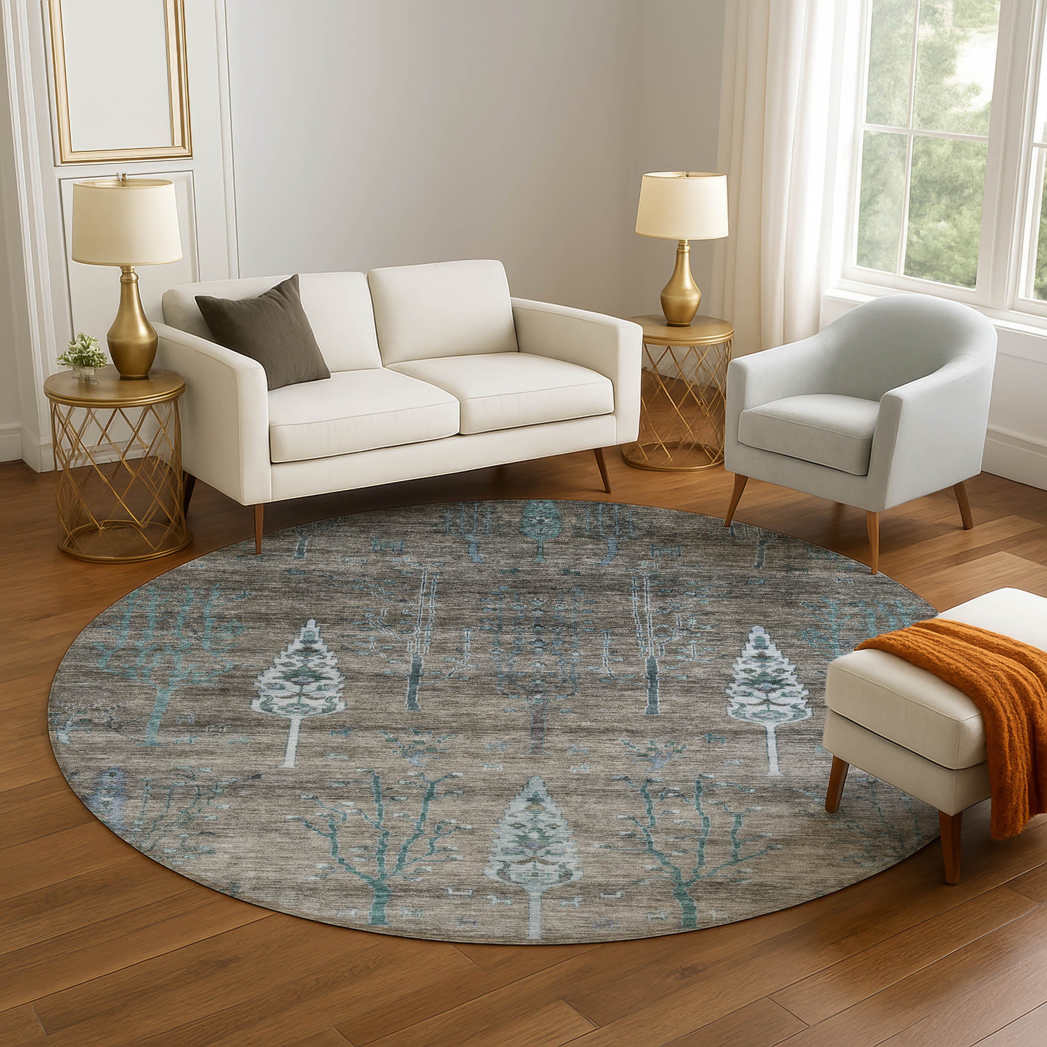 Antigua Machine Washable Transitional Brown Rug 8' x 8' #shape_Round