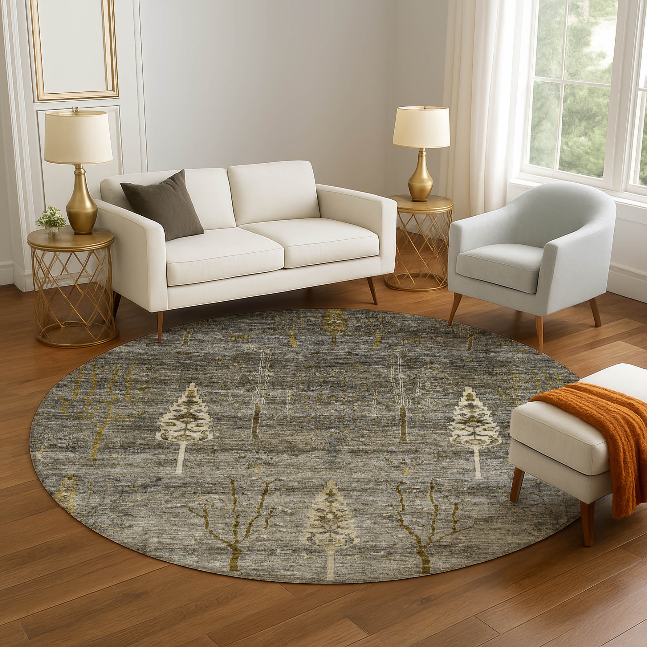 Antigua Machine Washable Transitional Pewter Gray Rug 8' x 8' #shape_Round