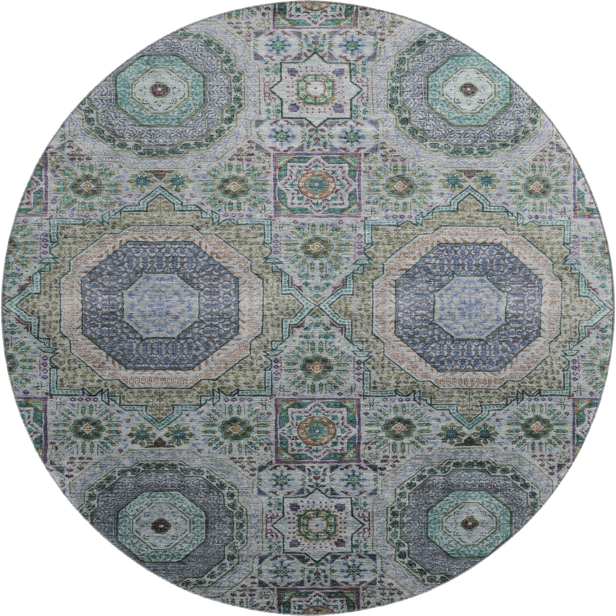 Hoi An Machine Washable Transitional Green Rug 8' x 8' #shape_Round