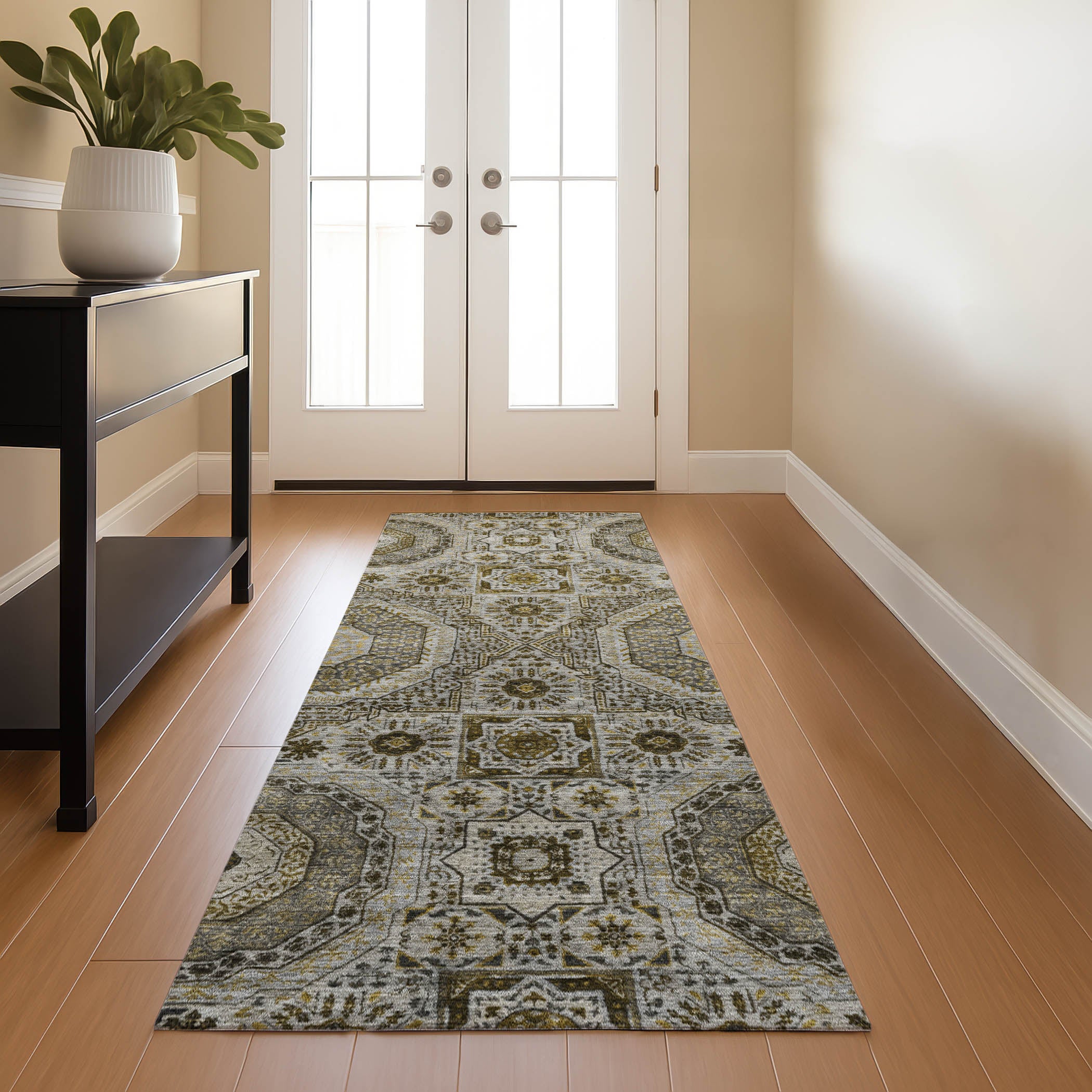 Hoi An Machine Washable Transitional Taupe Brown Rug 2'3" x 7'6" #shape_Runner