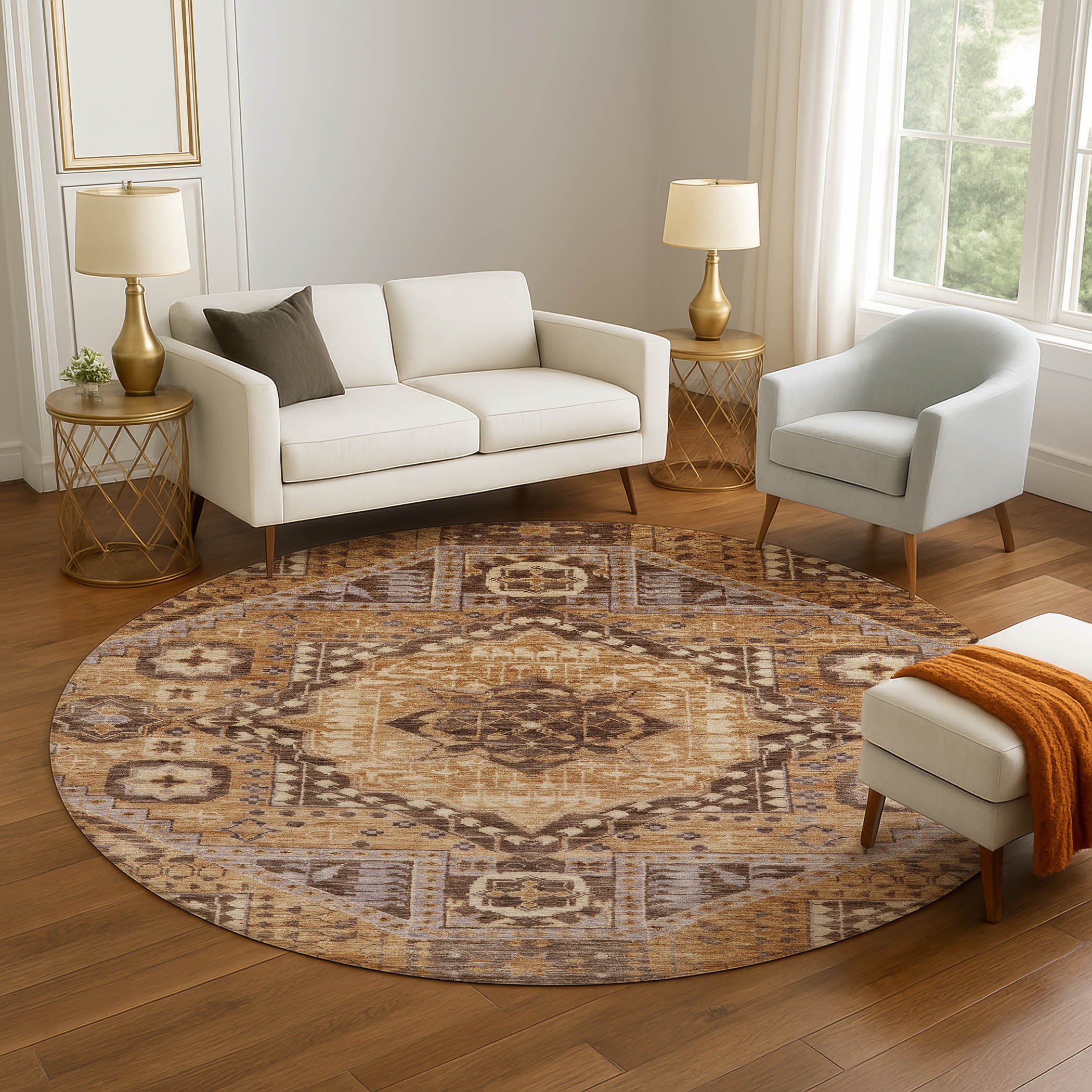 Sintra Machine Washable Transitional Copper Orange Rug 8' x 8' #shape_Round