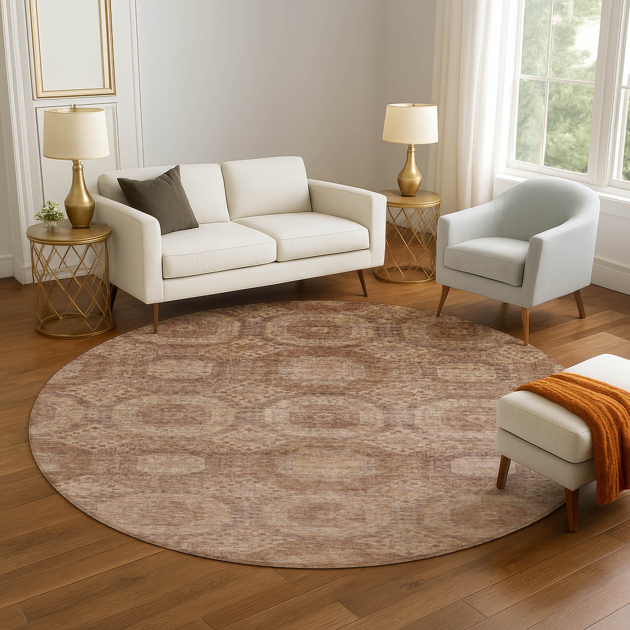 Sarajevo Machine Washable Transitional Copper Orange Rug 8' x 8' #shape_Round
