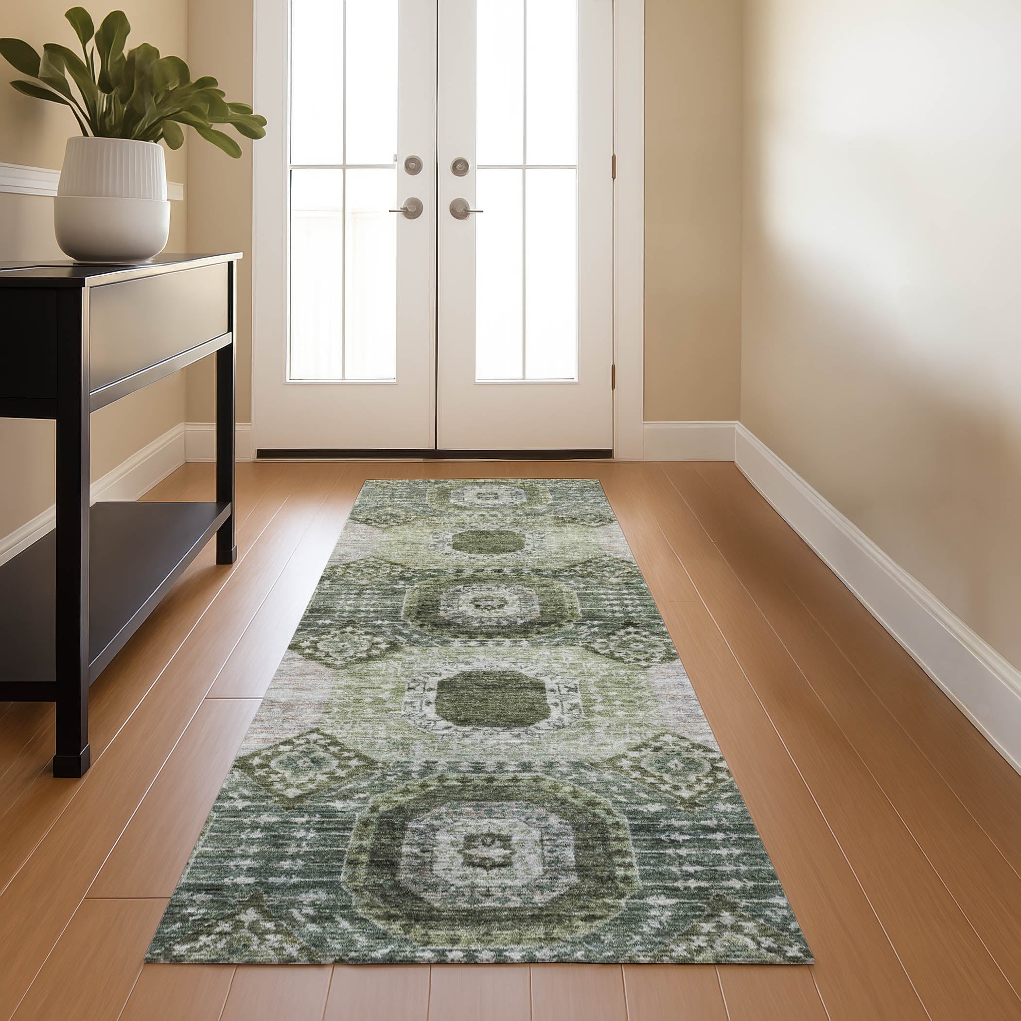 Vienna Machine Washable Transitional Olive Green Rug 2'3" x 7'6" #shape_Runner