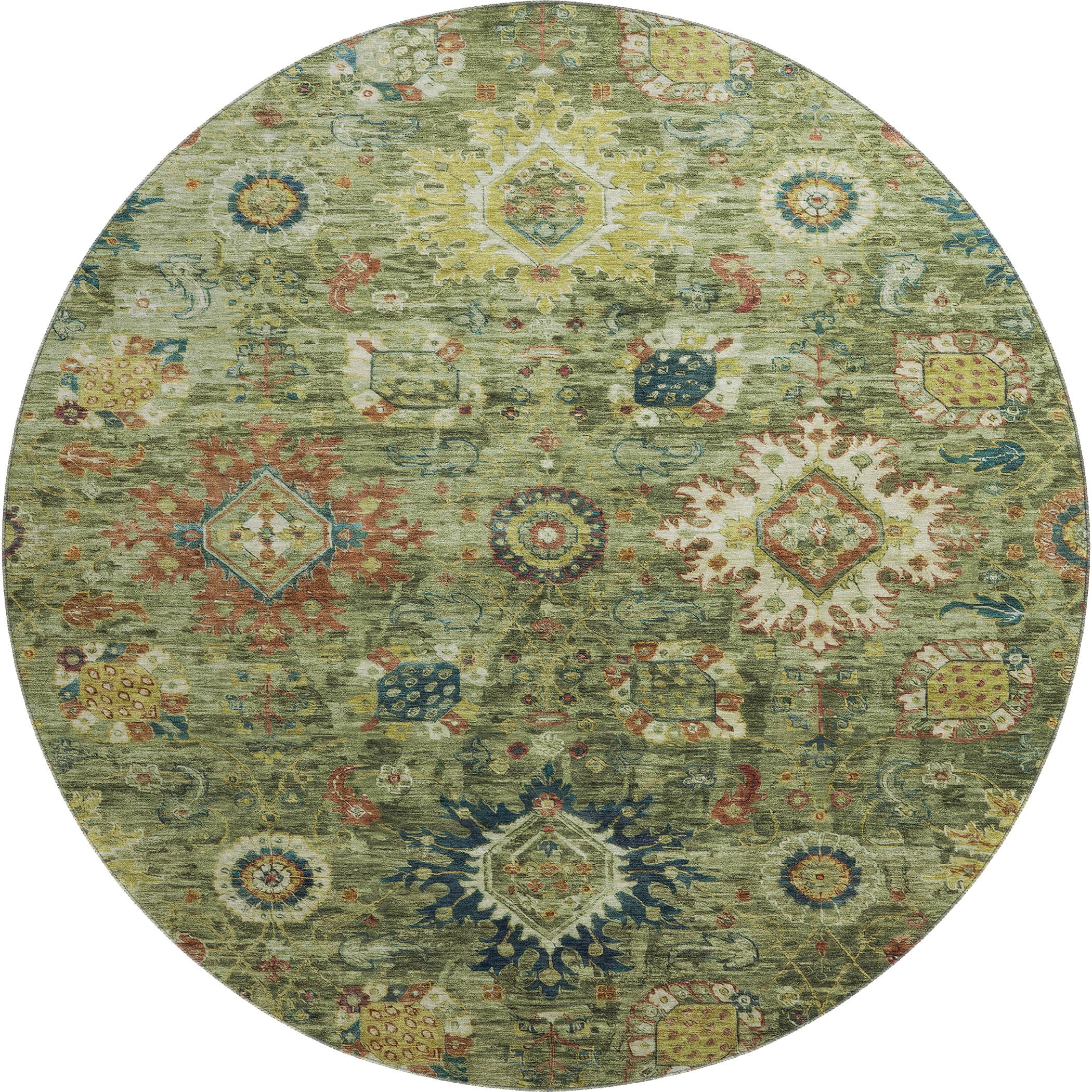 Rome Machine Washable Traditional Aloe Green Rug 8' x 8' #shape_Round