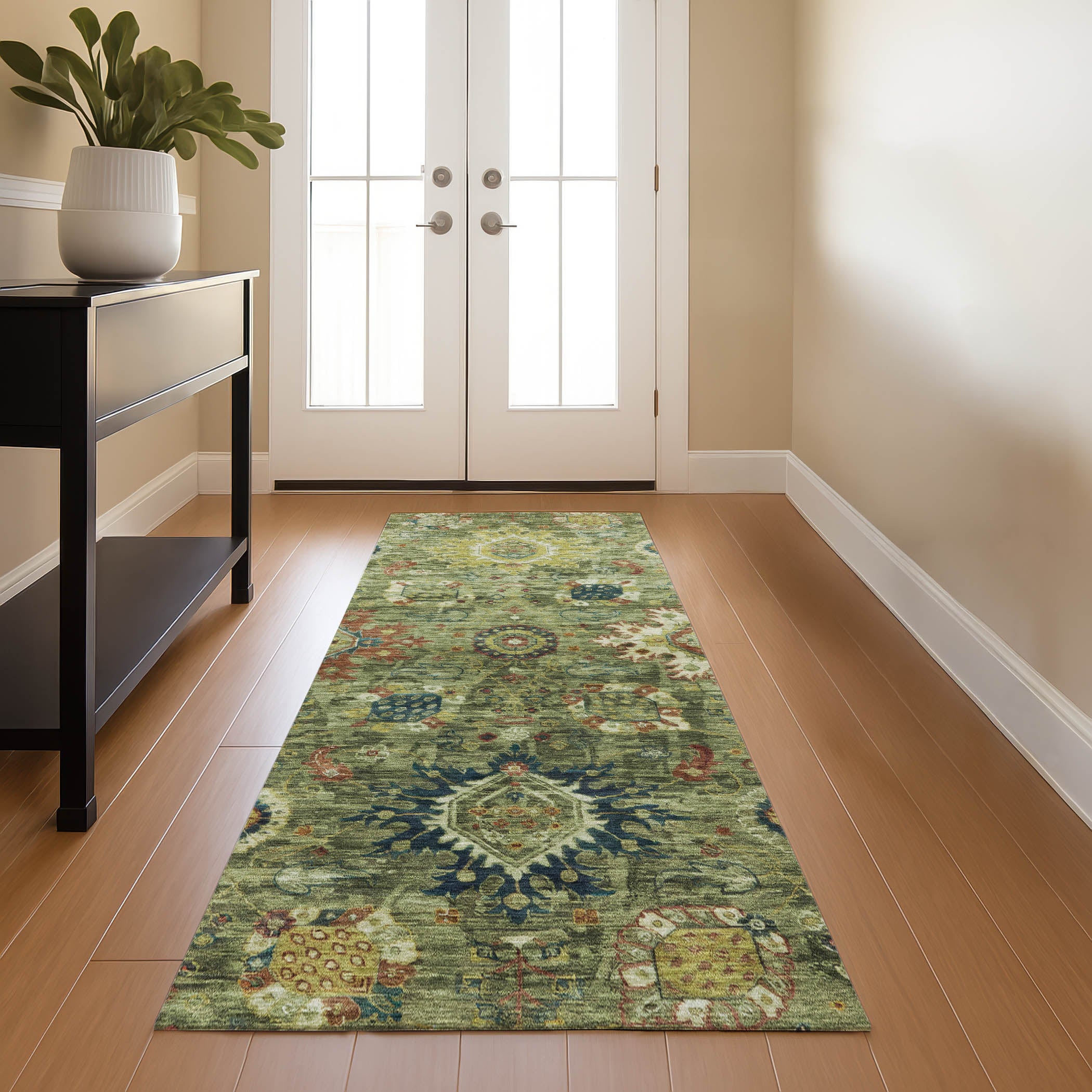 Rome Machine Washable Traditional Aloe Green Rug 2'3" x 7'6" #shape_Runner