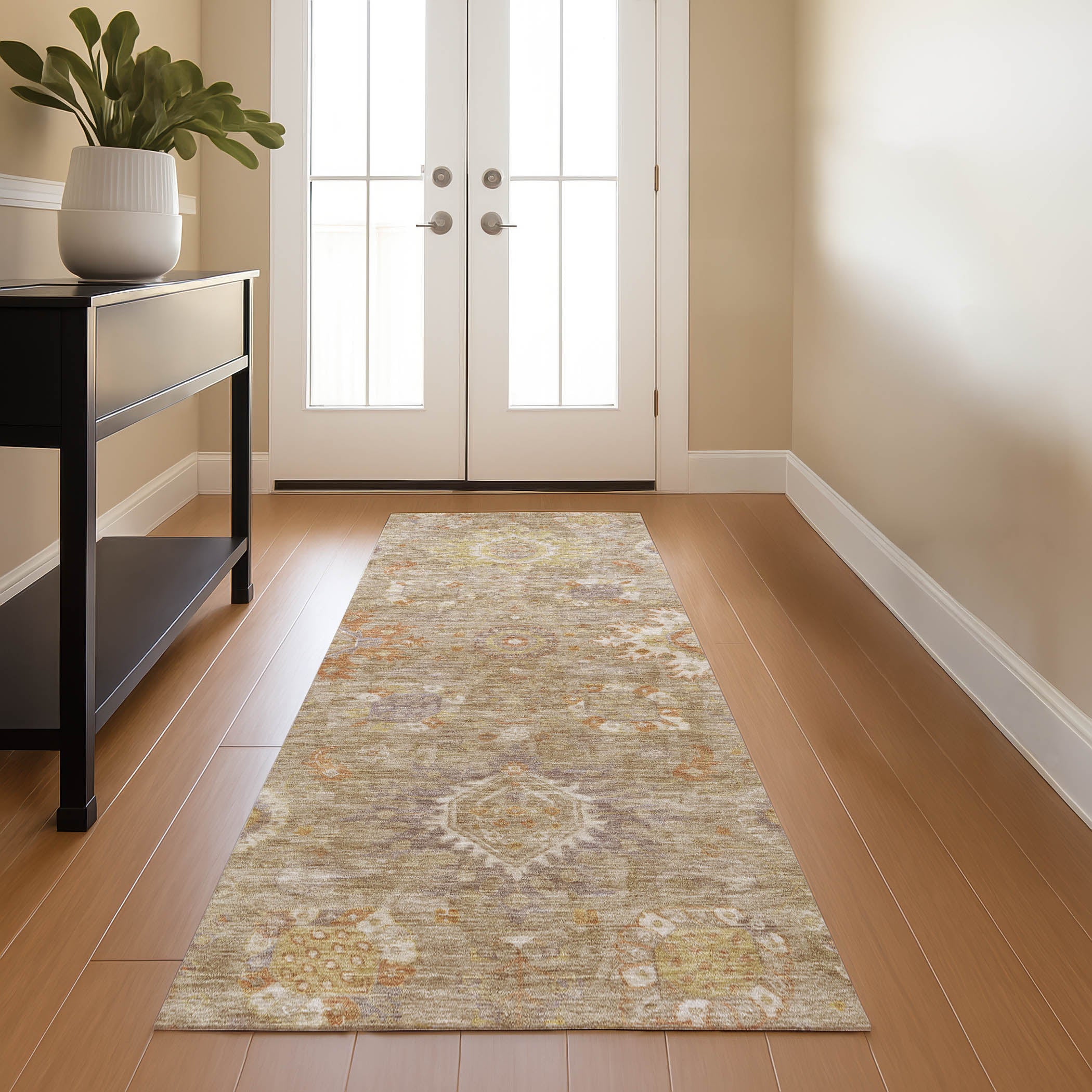 Rome Machine Washable Traditional Beige Brown Rug 2'3" x 7'6" #shape_Runner
