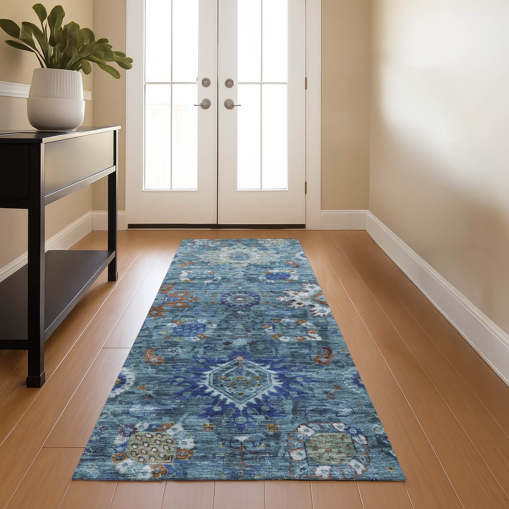 Rome Machine Washable Traditional Blue Rug 2'3" x 7'6" #shape_Runner