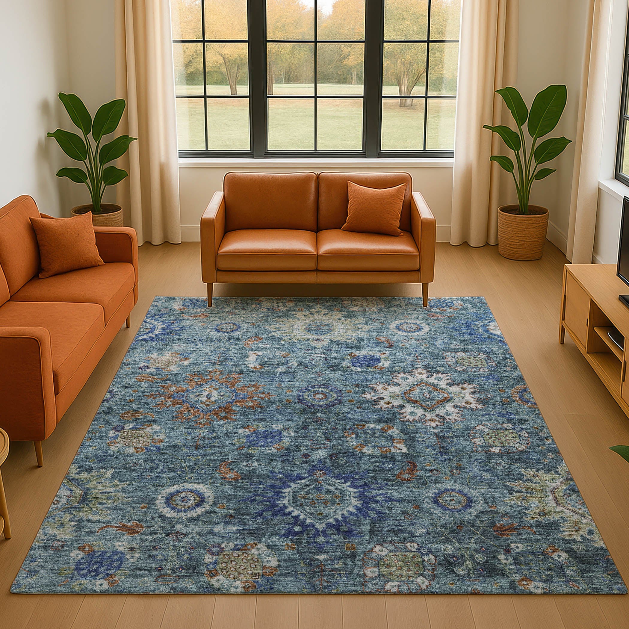 Rome Machine Washable Traditional Blue Rug 2'6" x 3'10" #shape_Rectangle