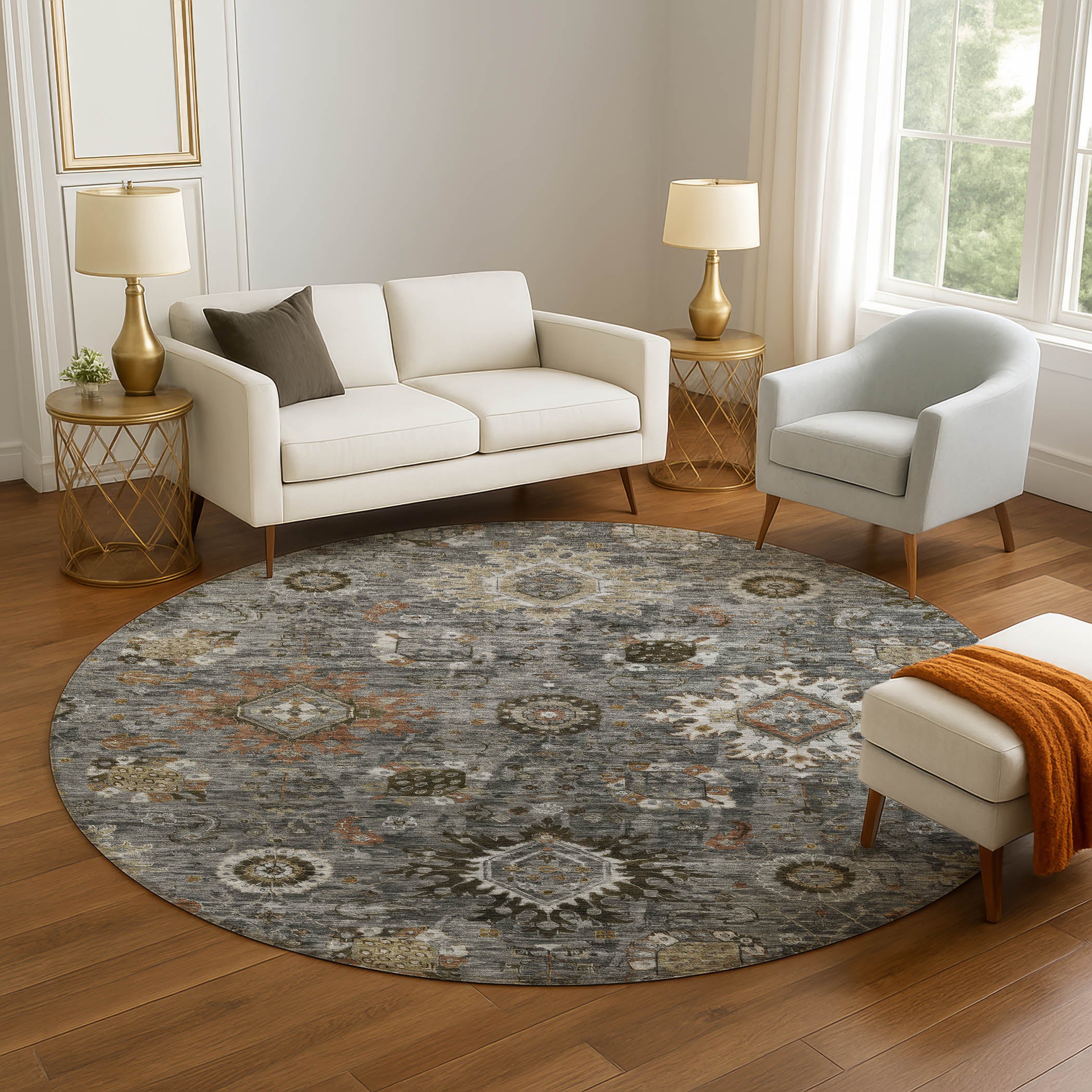 Rome Machine Washable Traditional Pewter Gray Rug 8' x 8' #shape_Round