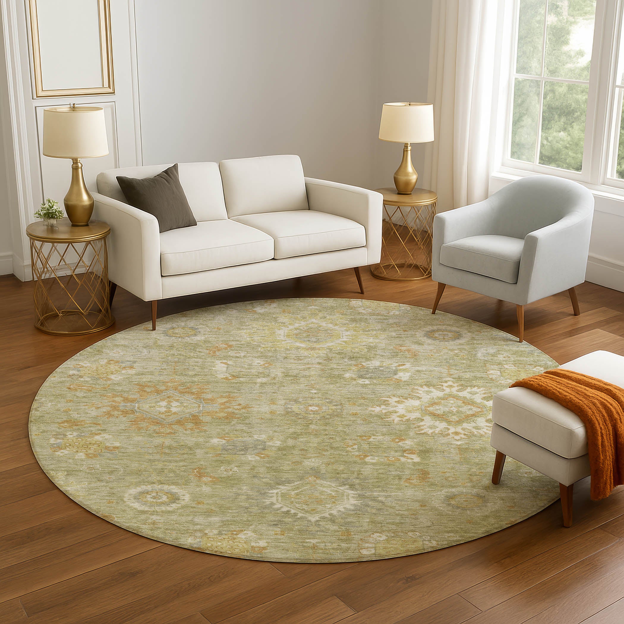 Rome Machine Washable Traditional Sage Green Rug 8' x 8' #shape_Round