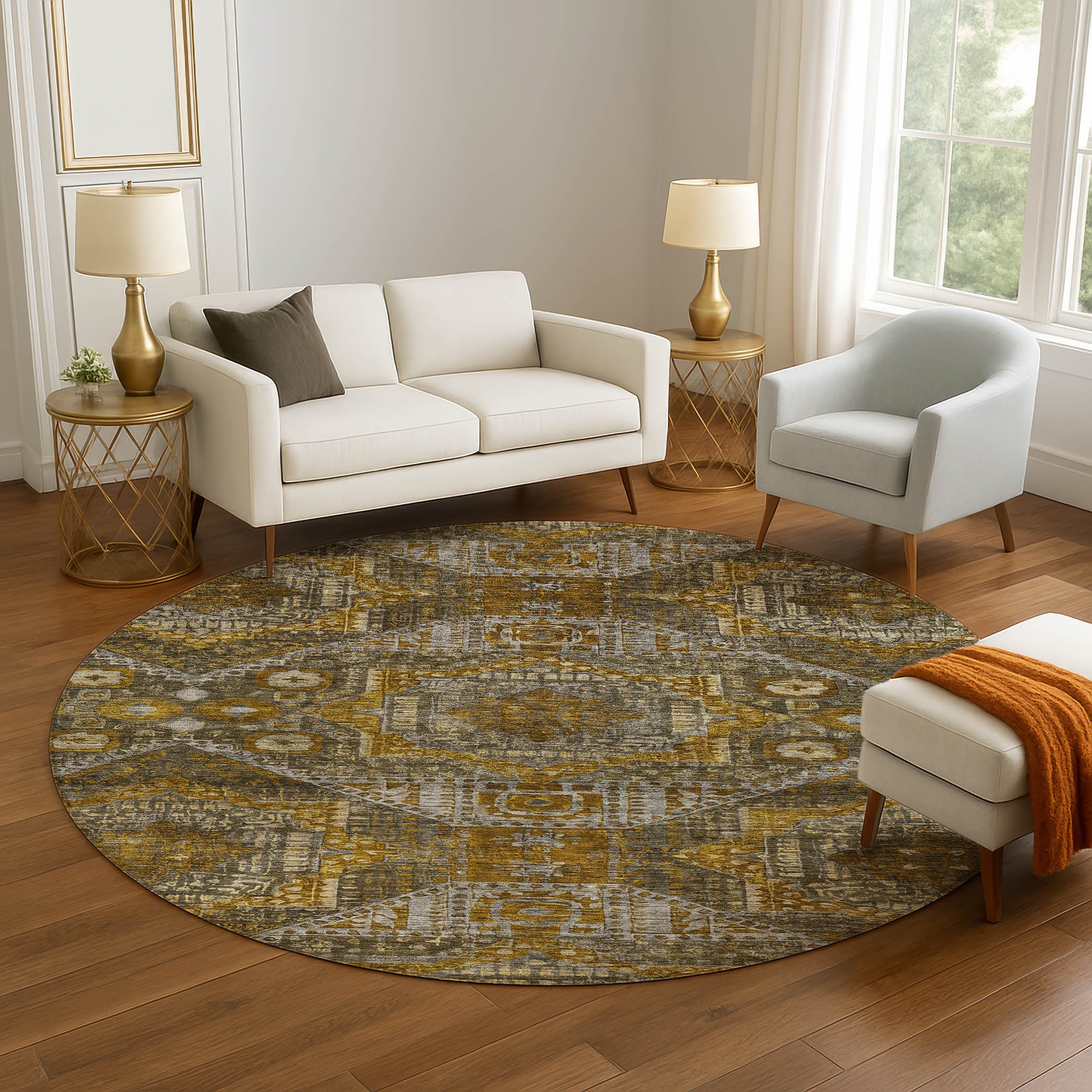 Luang Prabang Machine Washable Traditional Brown Rug 8' x 8' #shape_Round