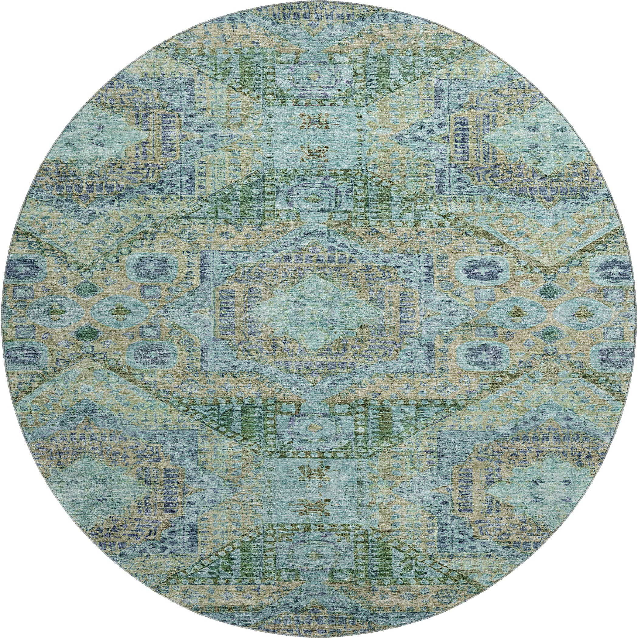 Oaxaca Machine Washable Traditional Green Rug 8' x 8' #shape_Round