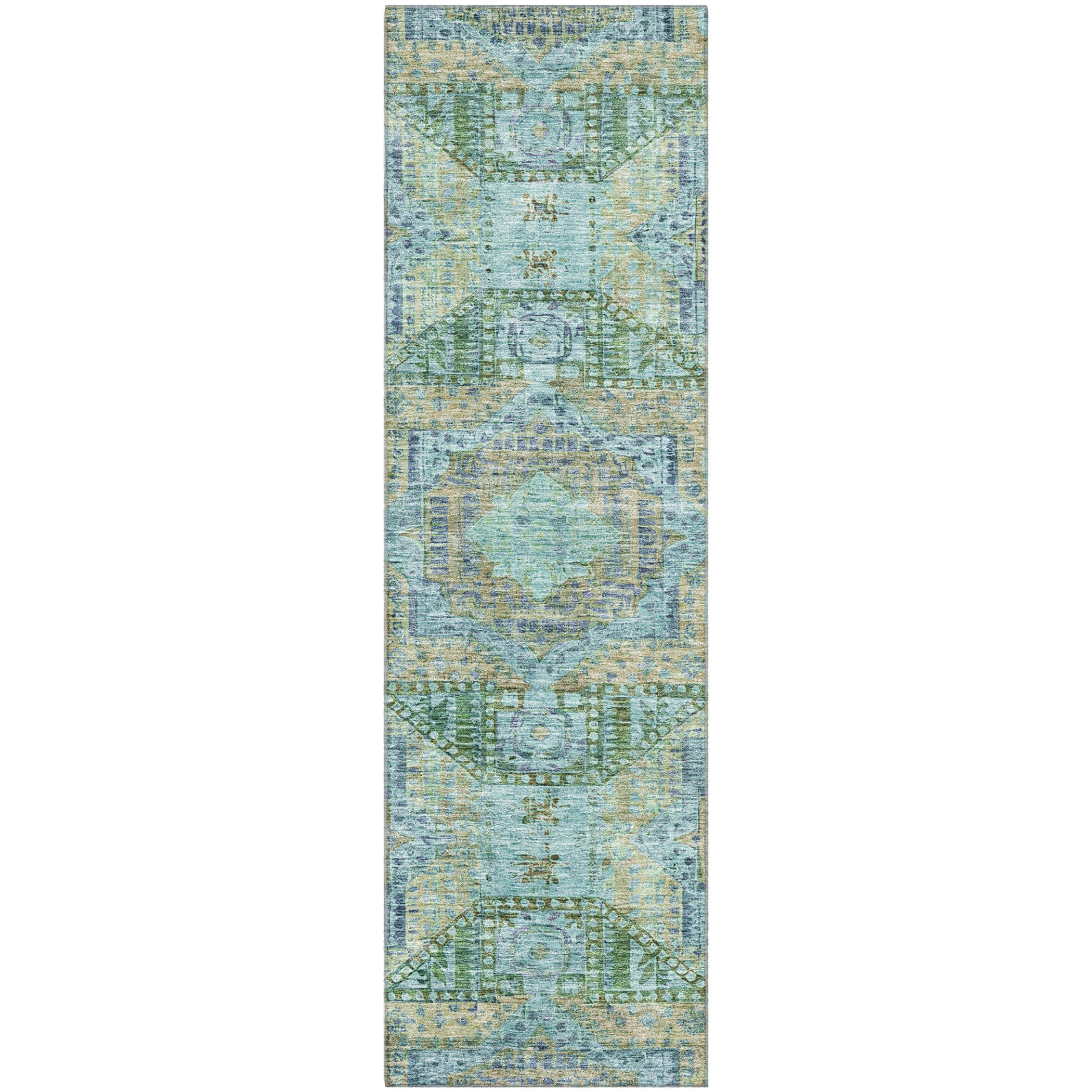Oaxaca Machine Washable Traditional Green Rug 2'3" x 7'6" #shape_Runner