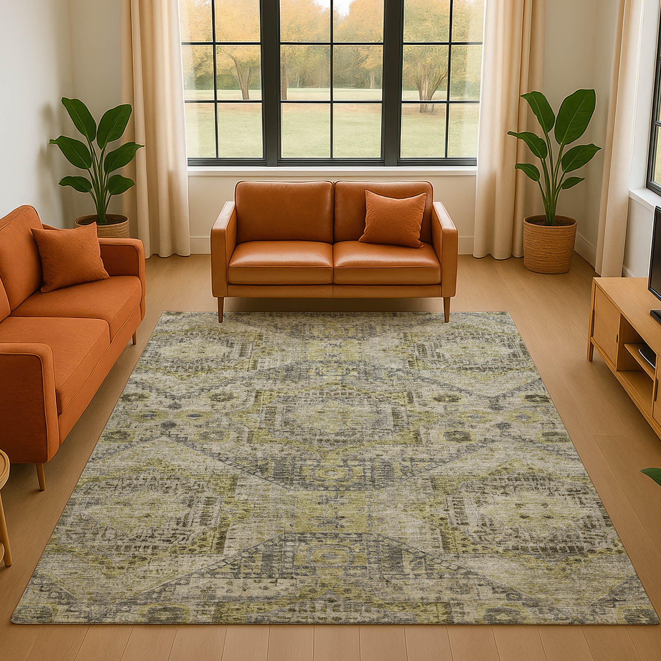 Oaxaca Machine Washable Traditional Khaki Brown Rug 2'6" x 3'10" #shape_Rectangle