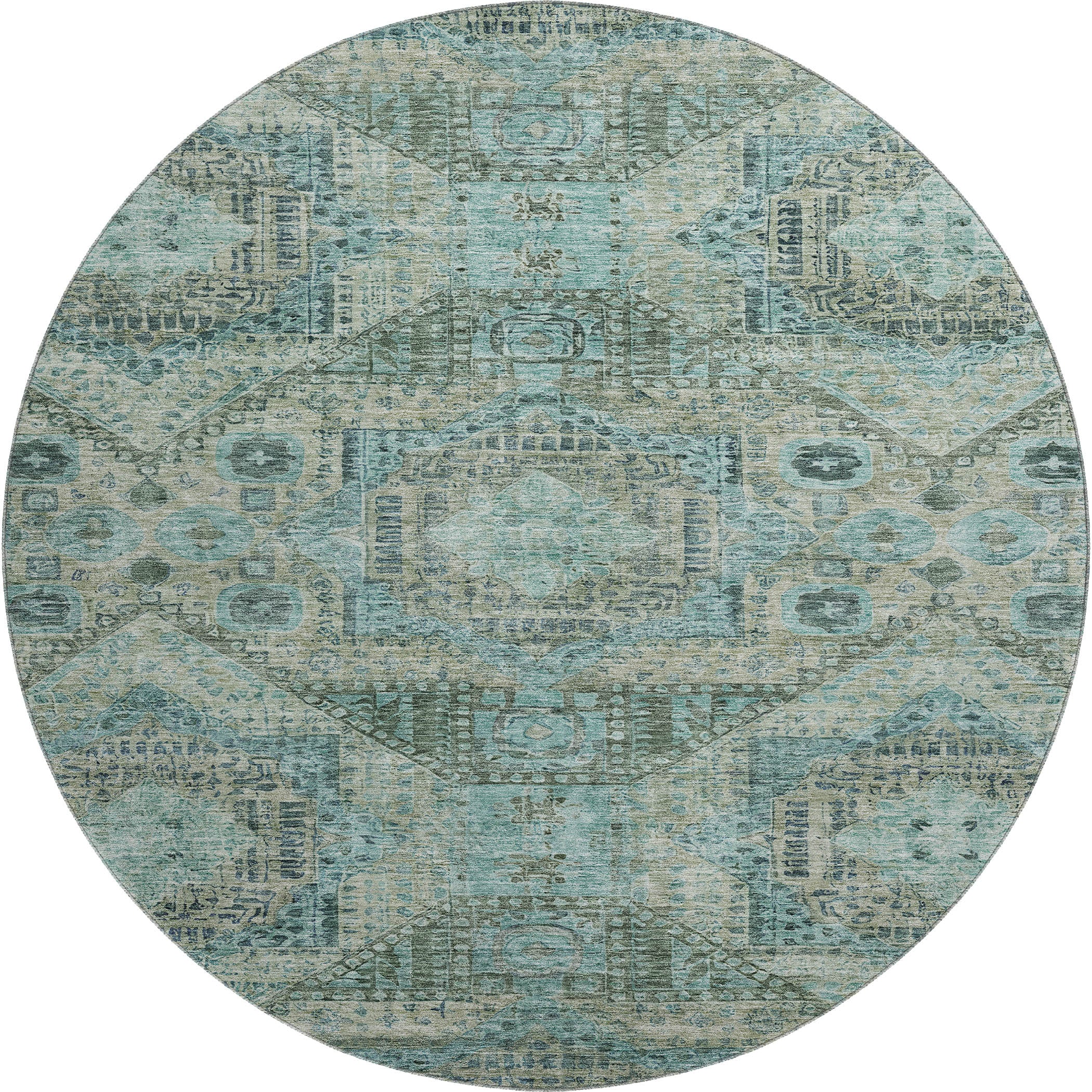 Oaxaca Machine Washable Traditional Sage Green Rug 8' x 8' #shape_Round
