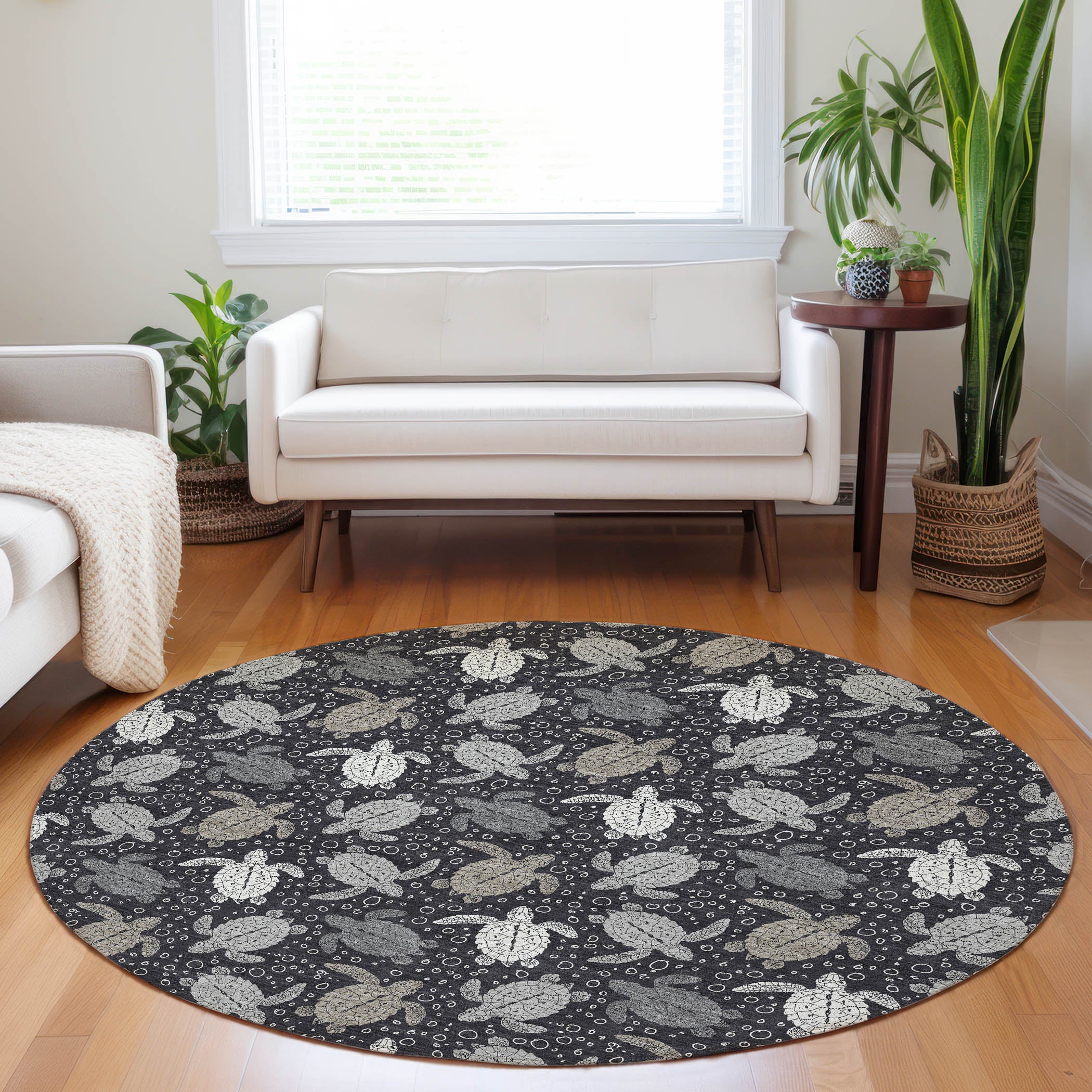 Cartagena Machine Washable Coastal Midnight Black Rug 8' x 8' #shape_Round