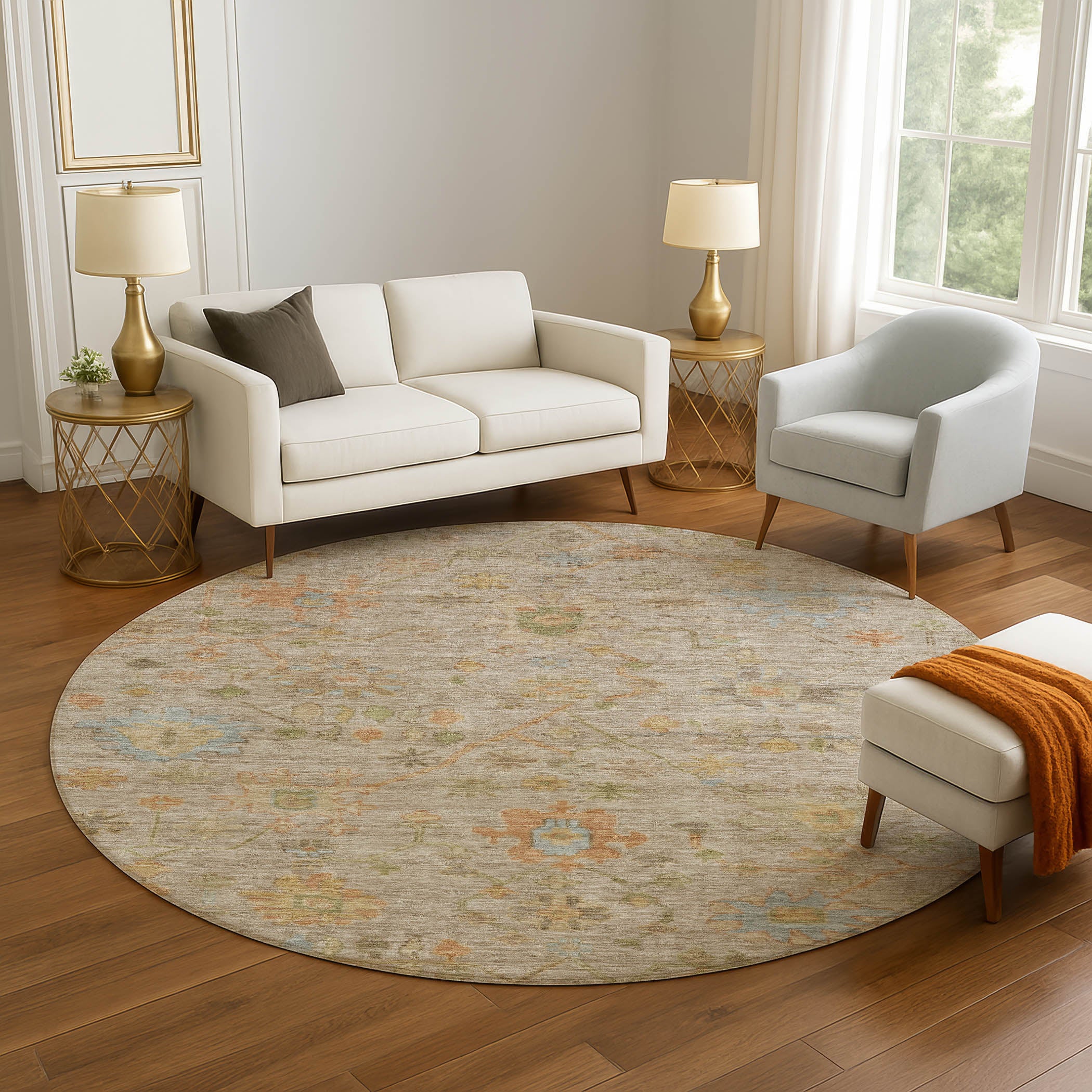 Bern Machine Washable Traditional Beige Brown Rug 8' x 8' #shape_Round