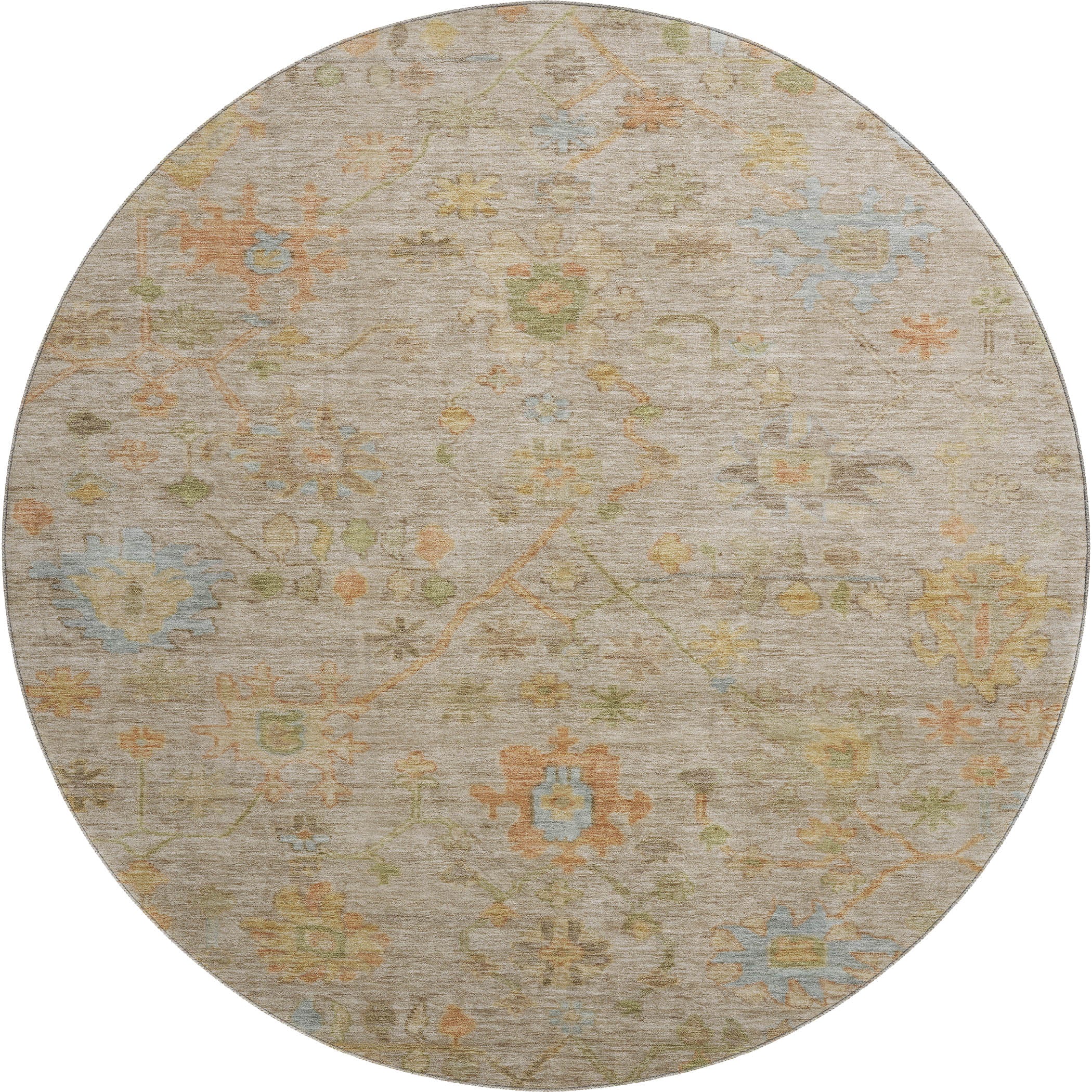 Bern Machine Washable Traditional Beige Brown Rug 8' x 8' #shape_Round