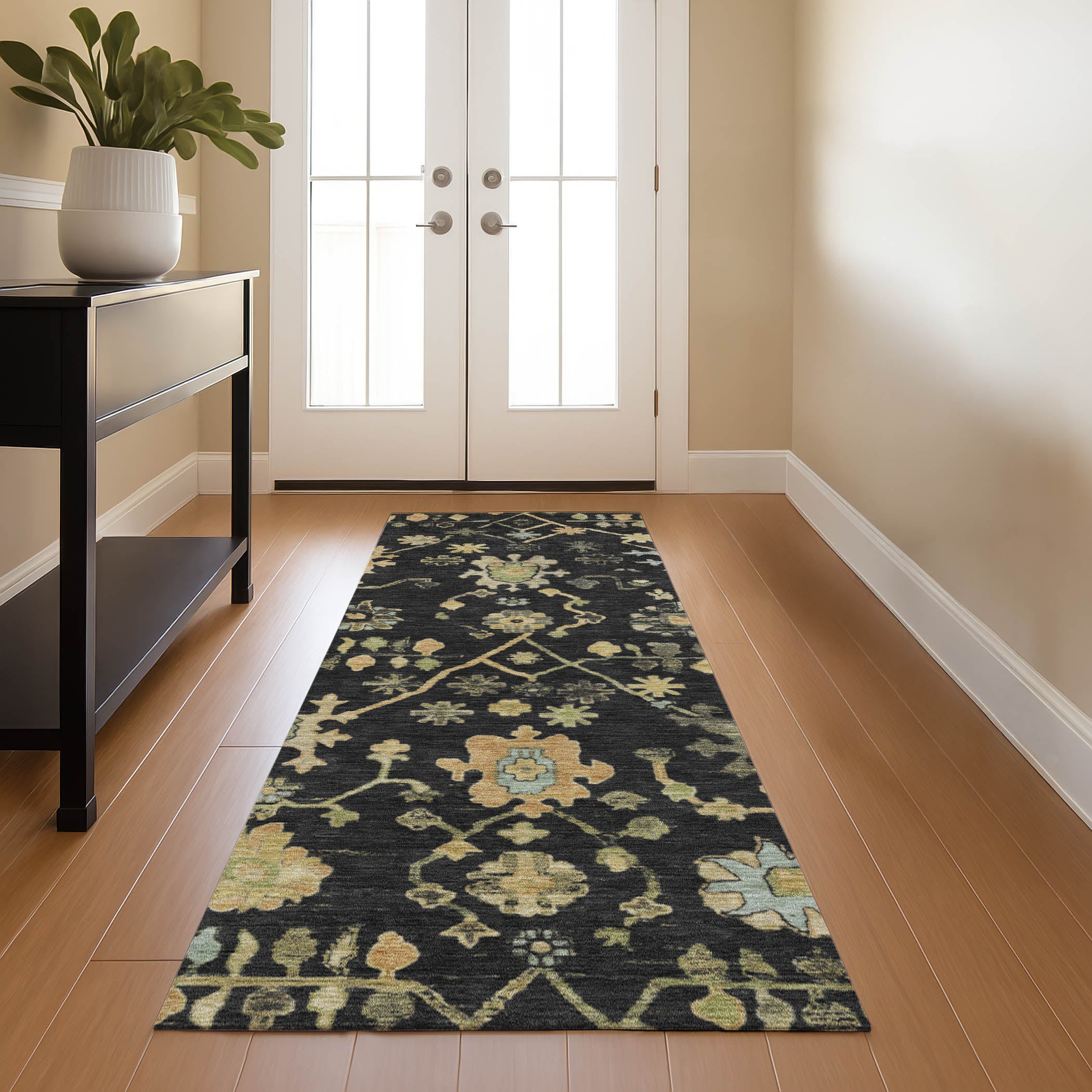 Bern Machine Washable Traditional Black Rug 2'3" x 7'6" #shape_Runner