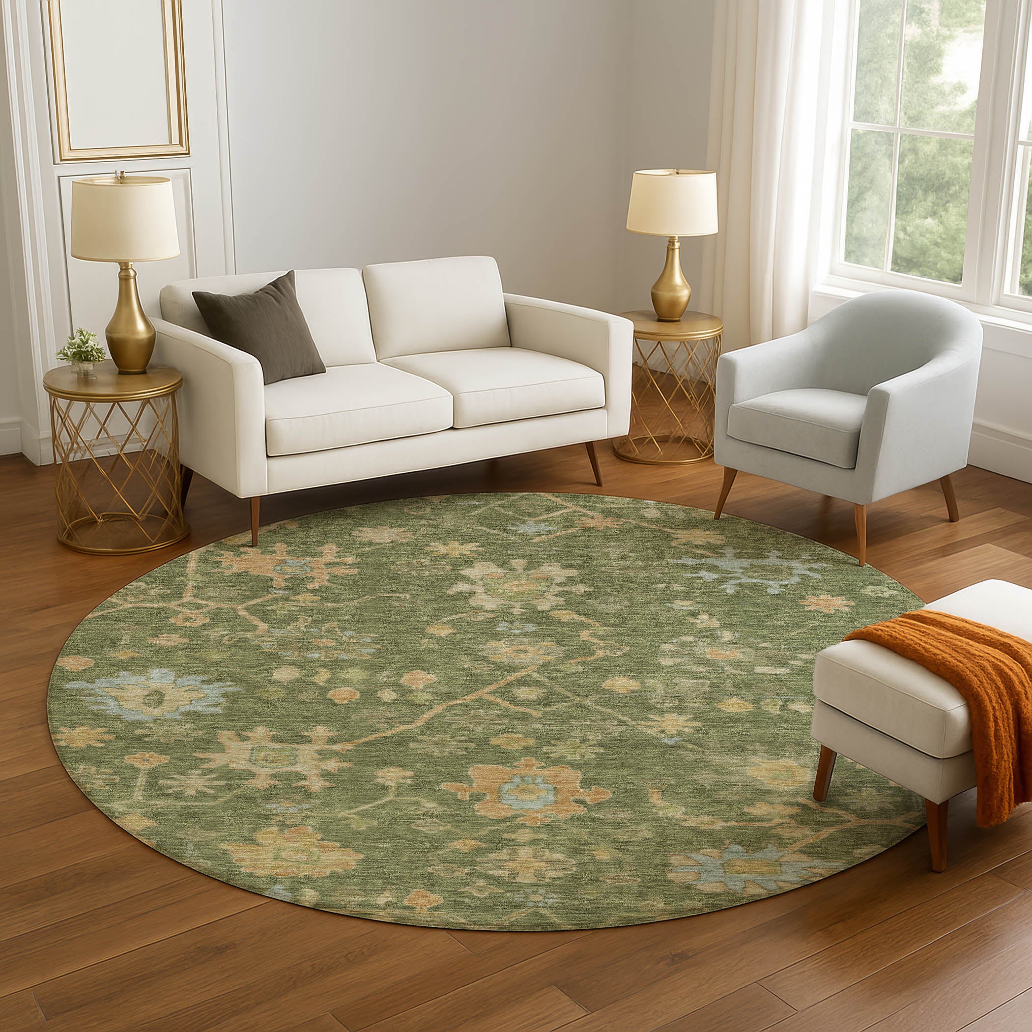 Bern Machine Washable Traditional Fern Green Rug 8' x 8' #shape_Round