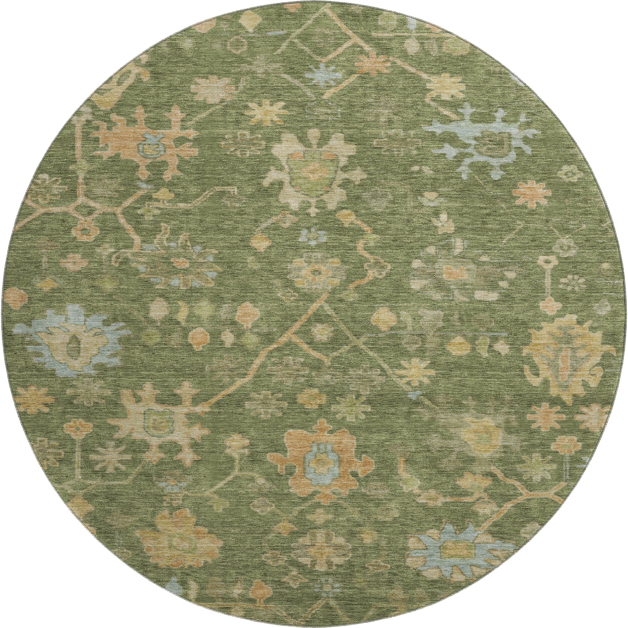 Bern Machine Washable Traditional Fern Green Rug 8' x 8' #shape_Round