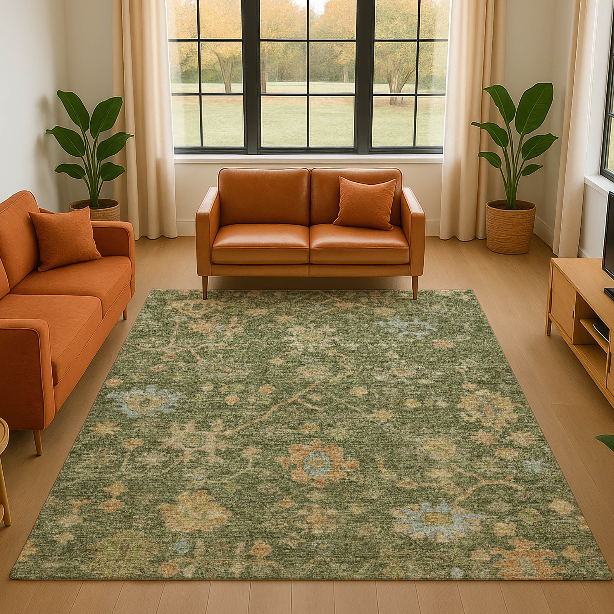 Bern Machine Washable Traditional Fern Green Rug 2'6" x 3'10" #shape_Rectangle