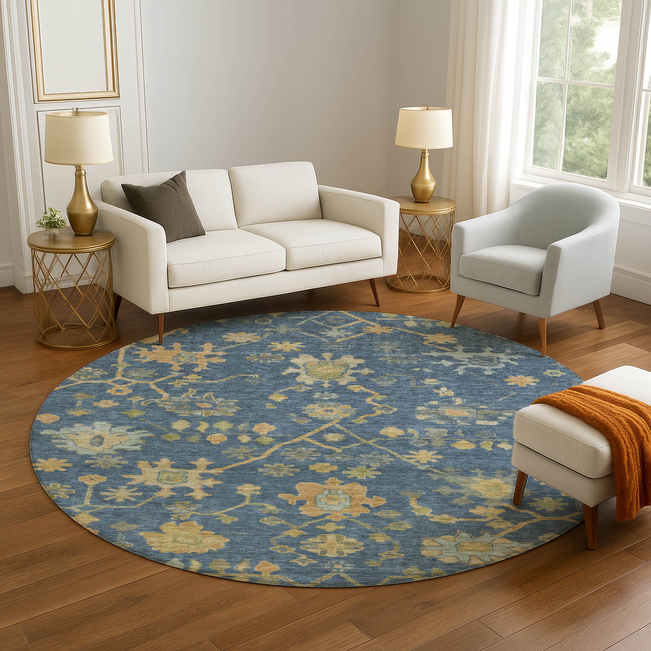 Bern Machine Washable Traditional Navy Blue Rug 8' x 8' #shape_Round
