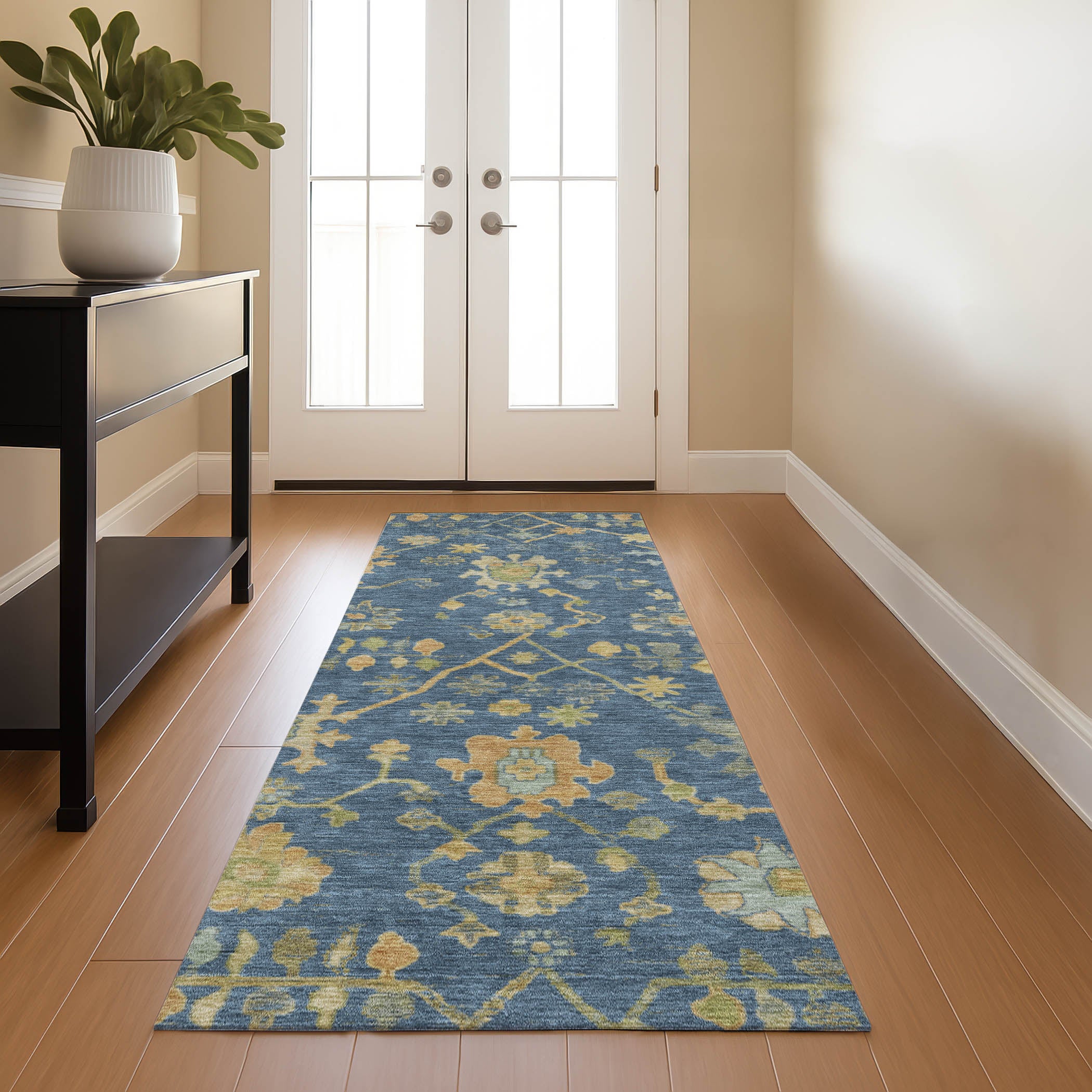 Bern Machine Washable Traditional Navy Blue Rug 2'3" x 7'6" #shape_Runner