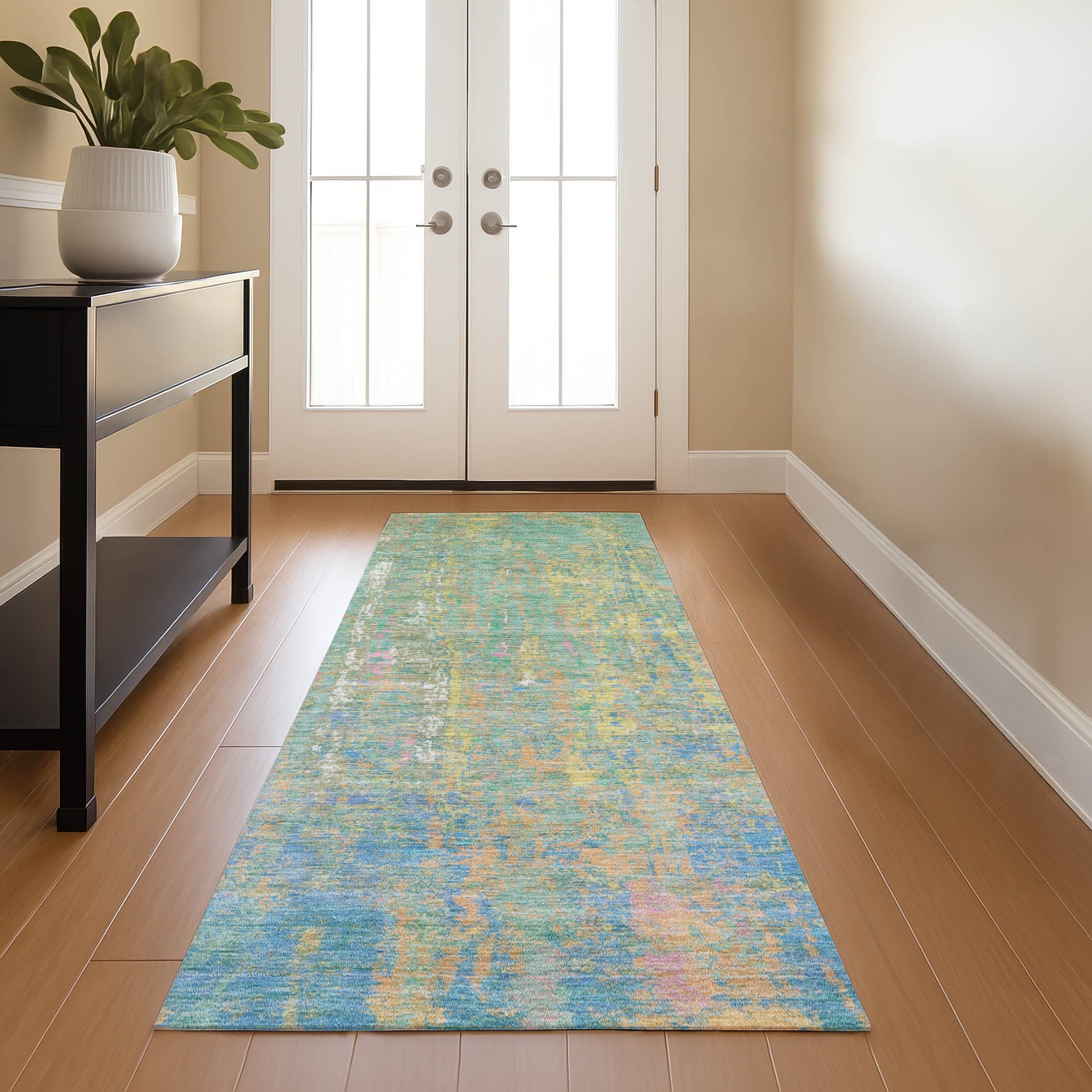 Lima Machine Washable Transitional Teal Rug 2'3" x 7'6" #shape_Runner