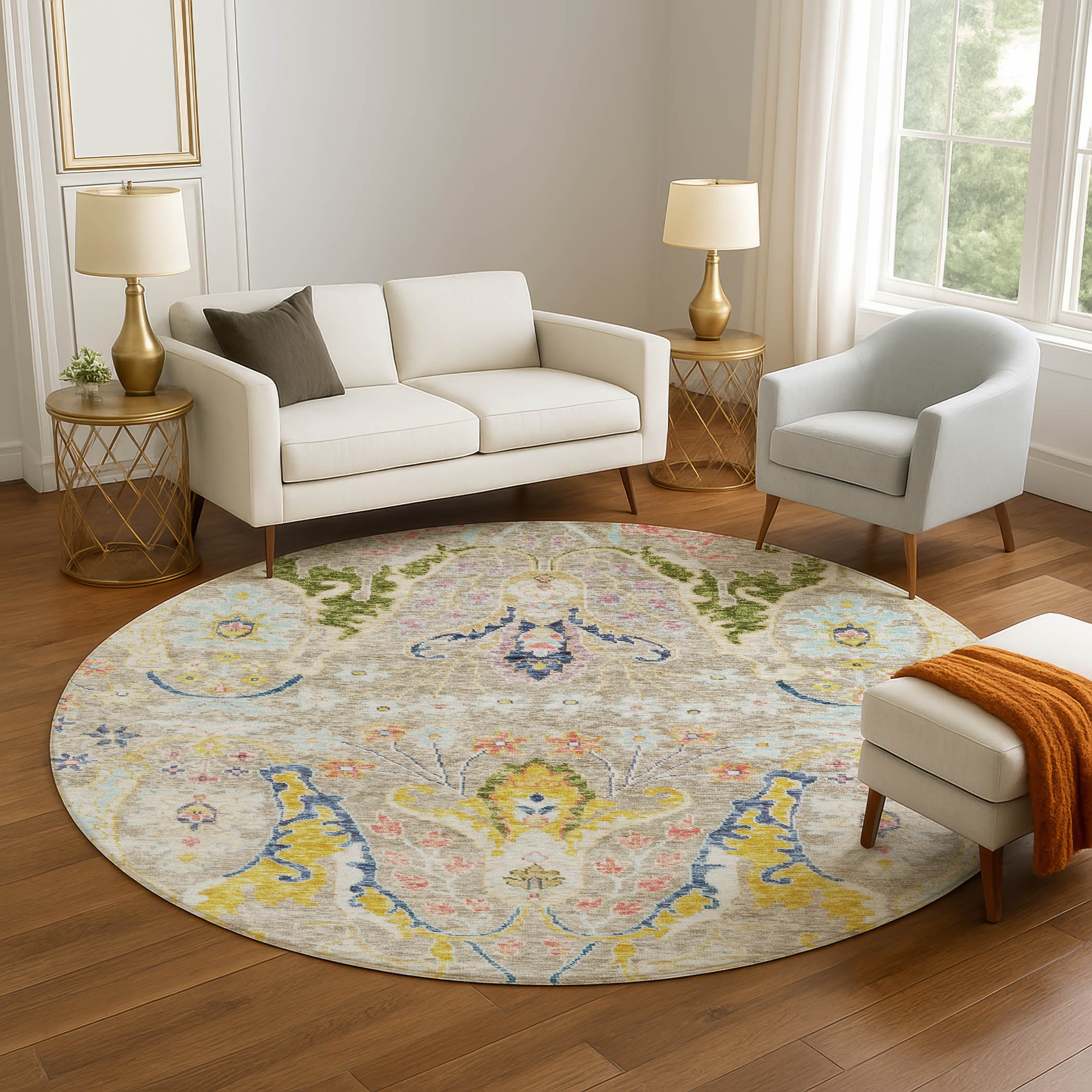 Hoi An Machine Washable Transitional Beige Brown Rug 8' x 8' #shape_Round