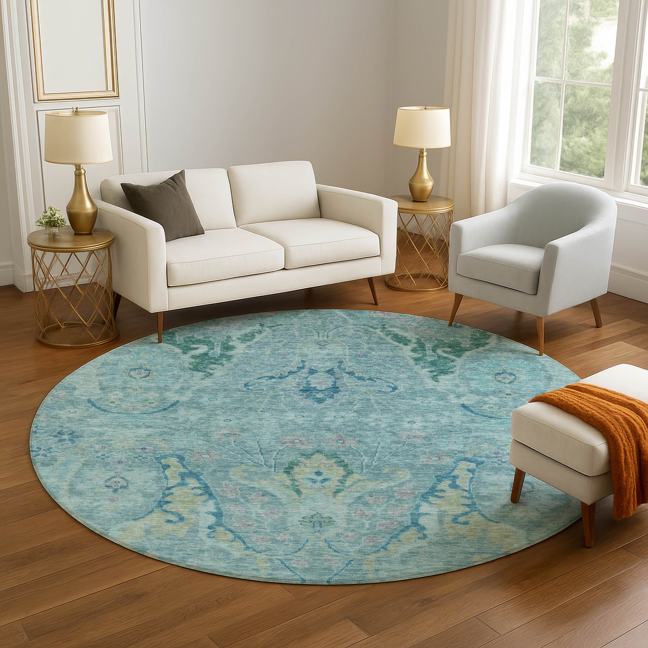 Hoi An Machine Washable Transitional Blue Rug 8' x 8' #shape_Round