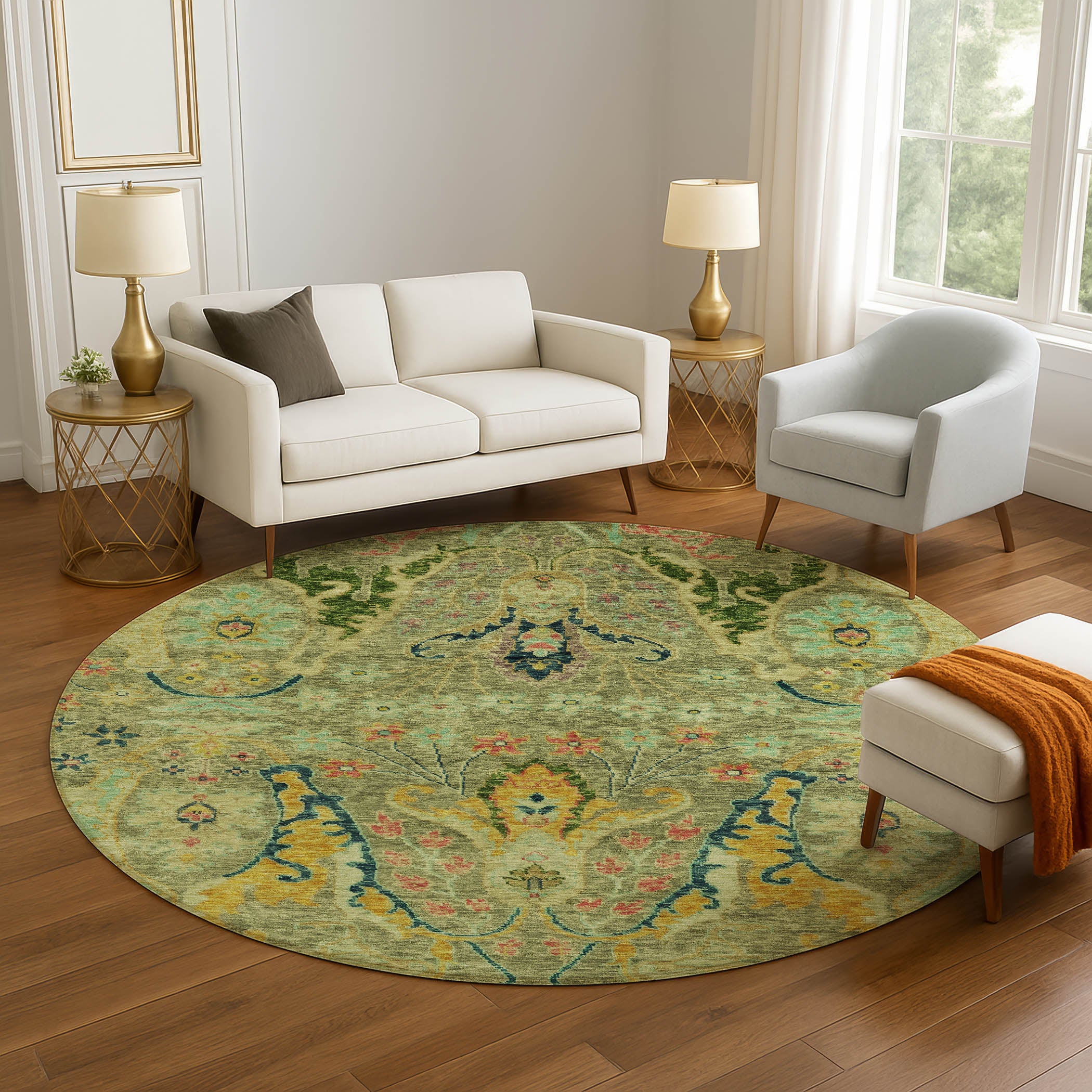 Hoi An Machine Washable Transitional Green Rug 8' x 8' #shape_Round