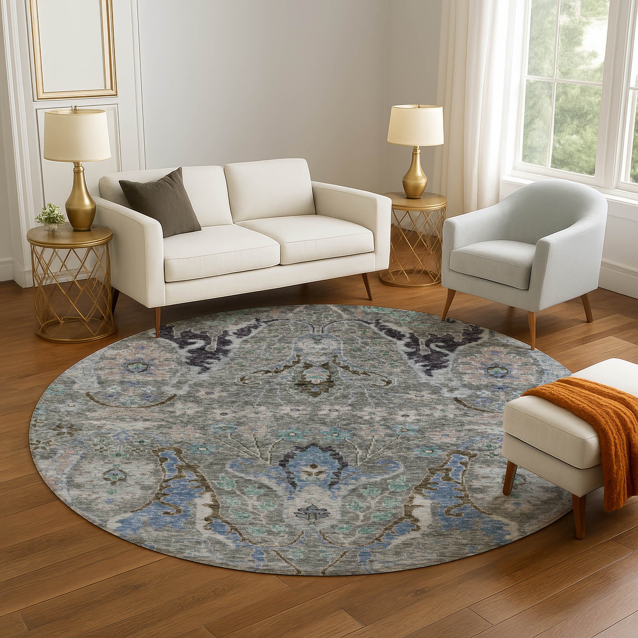 Hoi An Machine Washable Transitional Pewter Gray Rug 8' x 8' #shape_Round