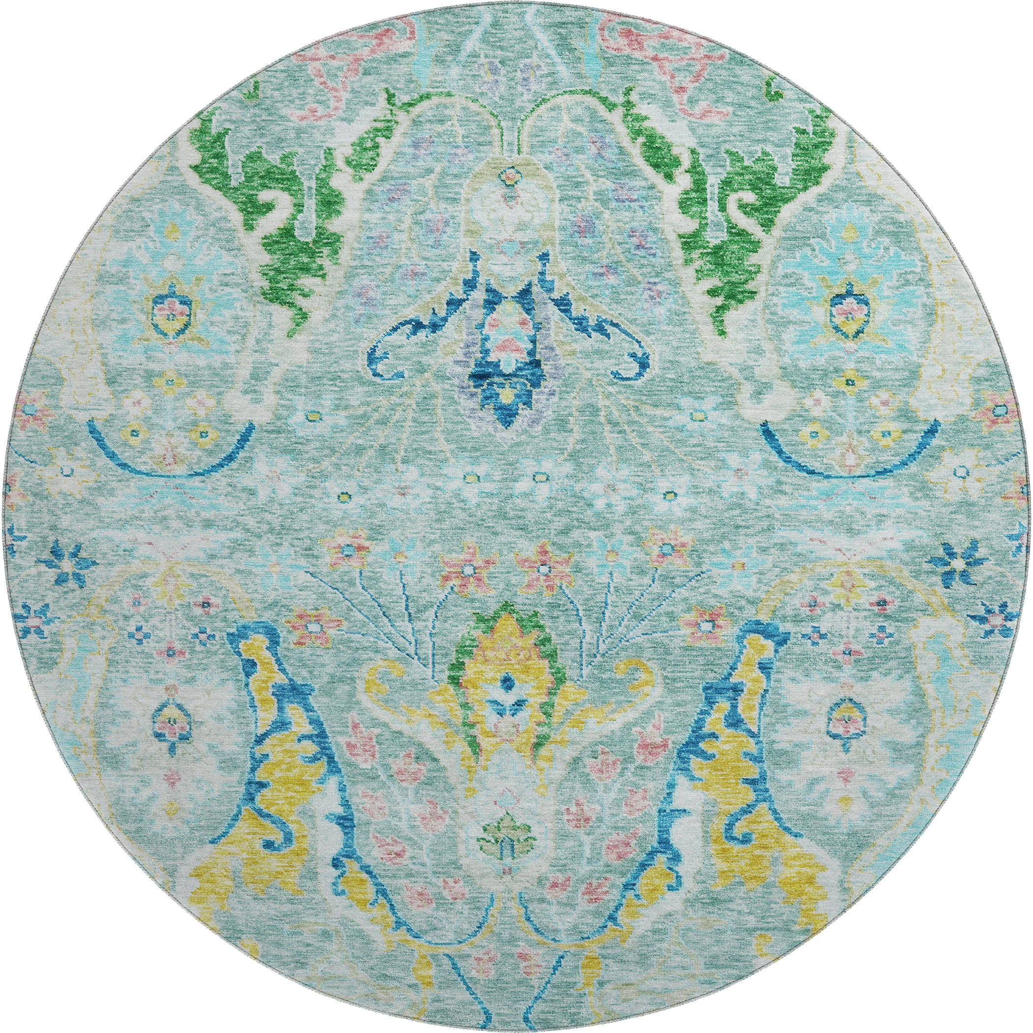Hoi An Machine Washable Transitional Teal Rug 8' x 8' #shape_Round