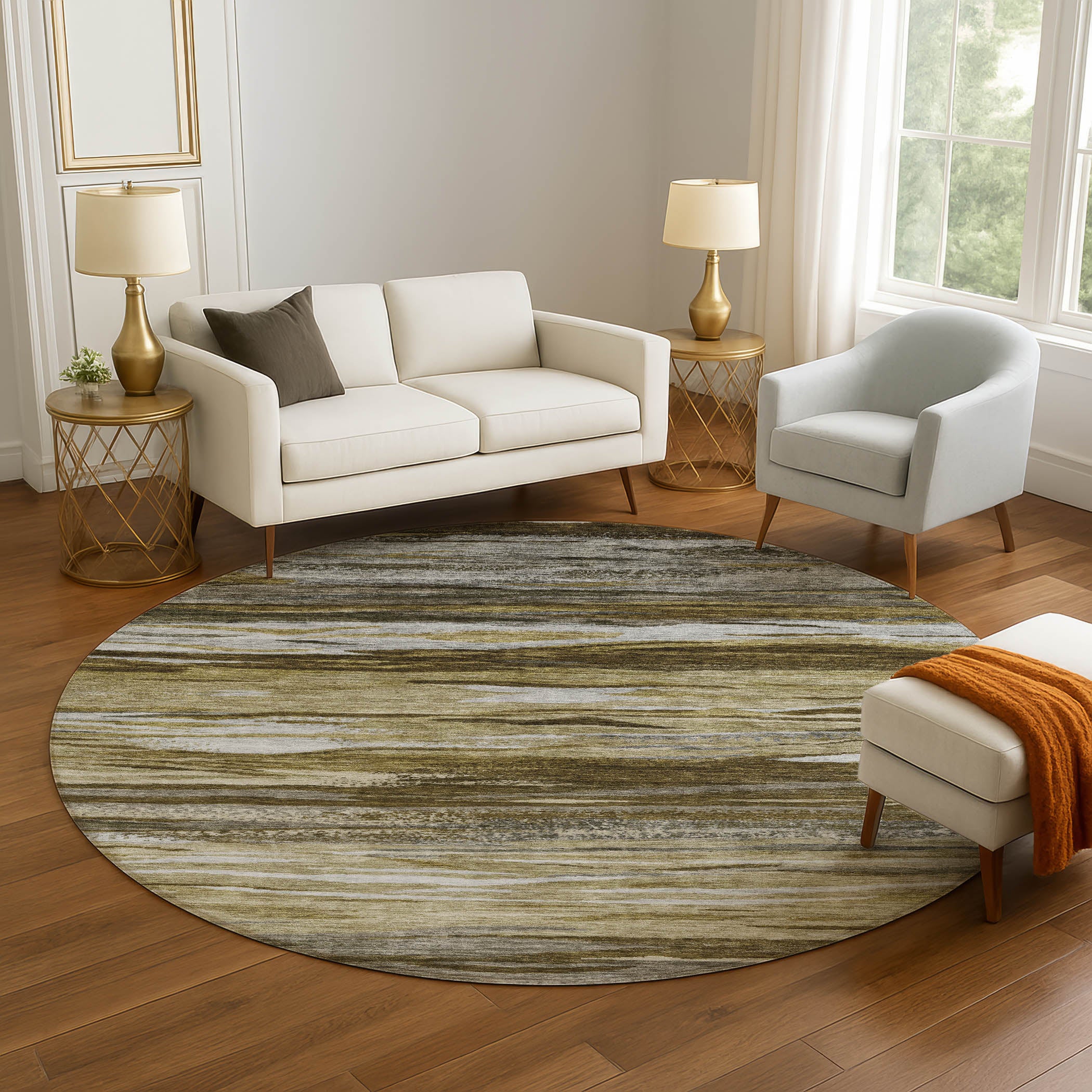 Athens Machine Washable Transitional Brown Rug 8' x 8' #shape_Round