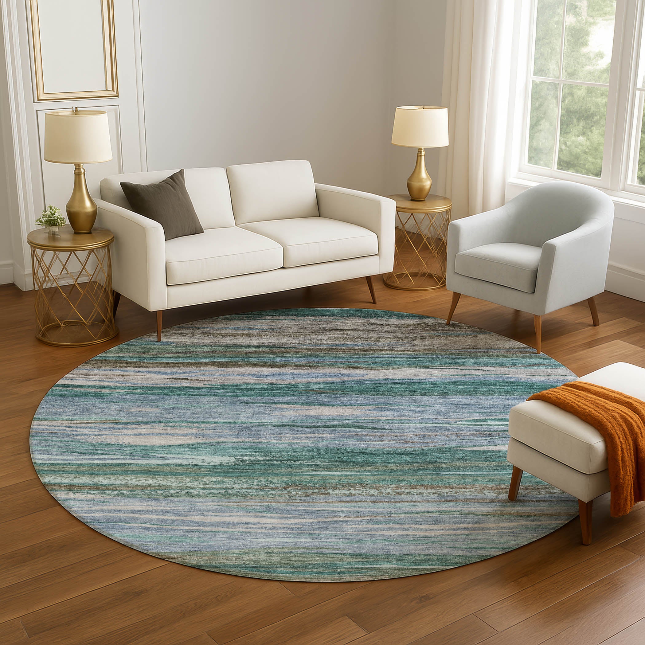 Athens Machine Washable Transitional Teal Rug 8' x 8' #shape_Round