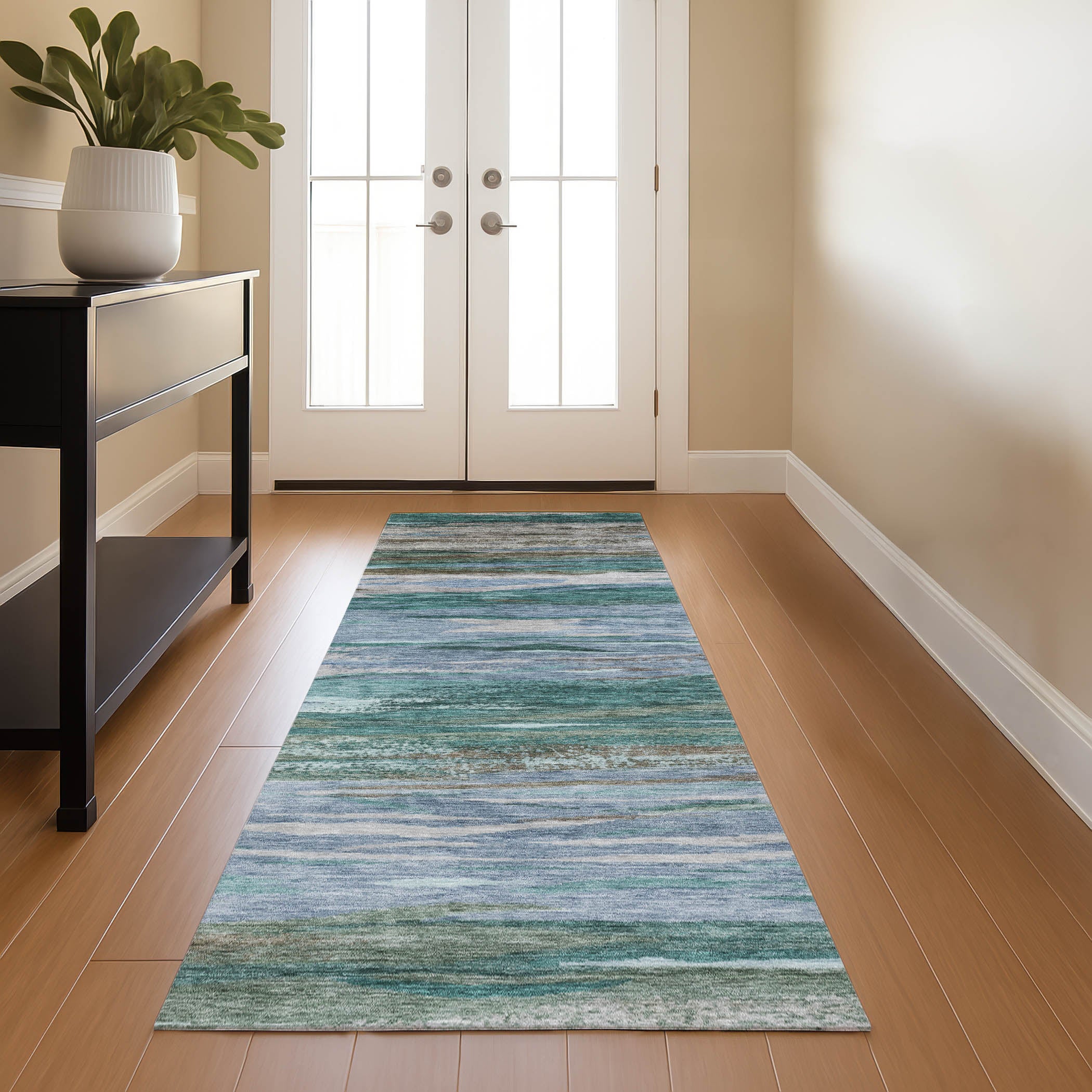 Athens Machine Washable Transitional Teal Rug 2'3" x 7'6" #shape_Runner