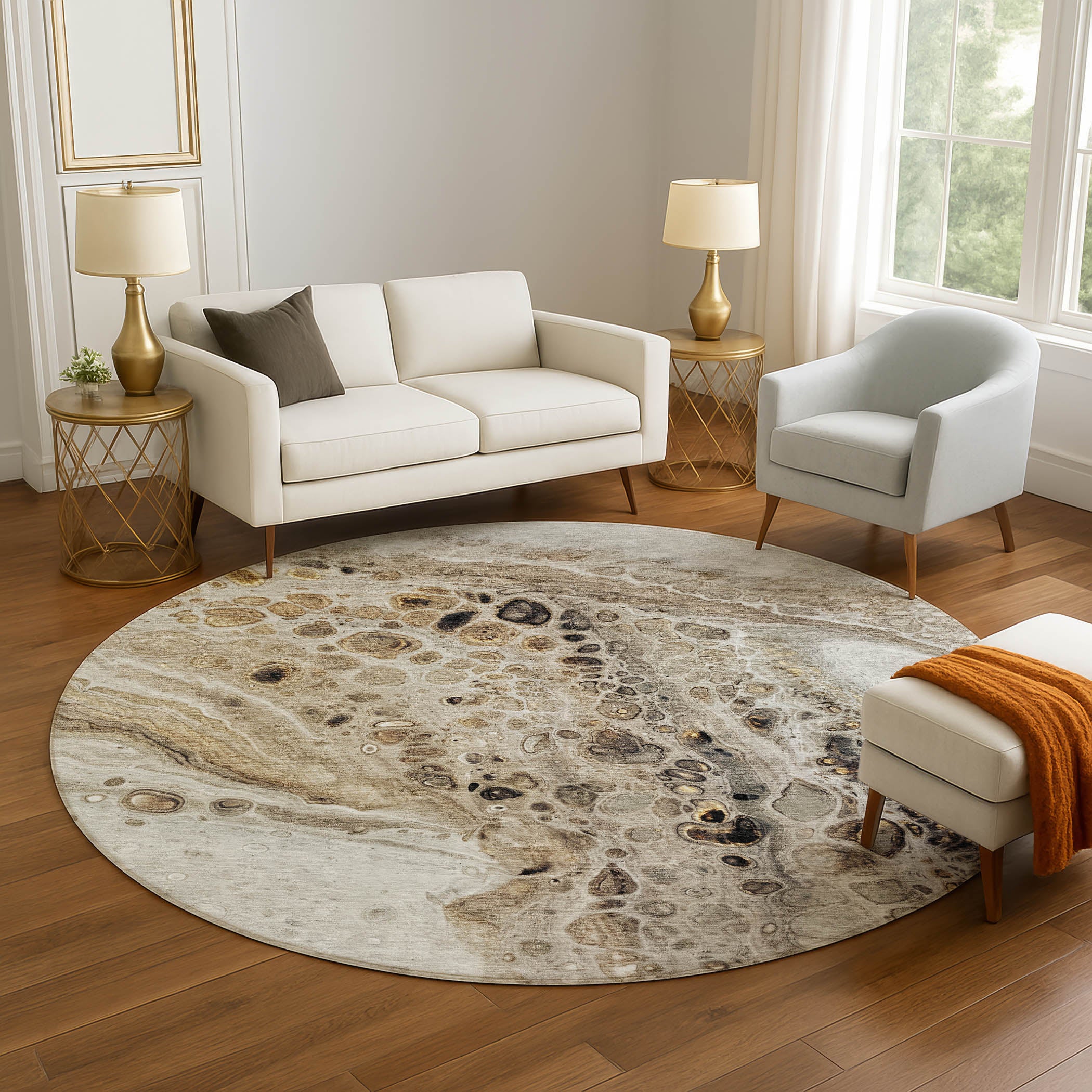 Lisbon Machine Washable Transitional Beige Brown Rug 8' x 8' #shape_Round
