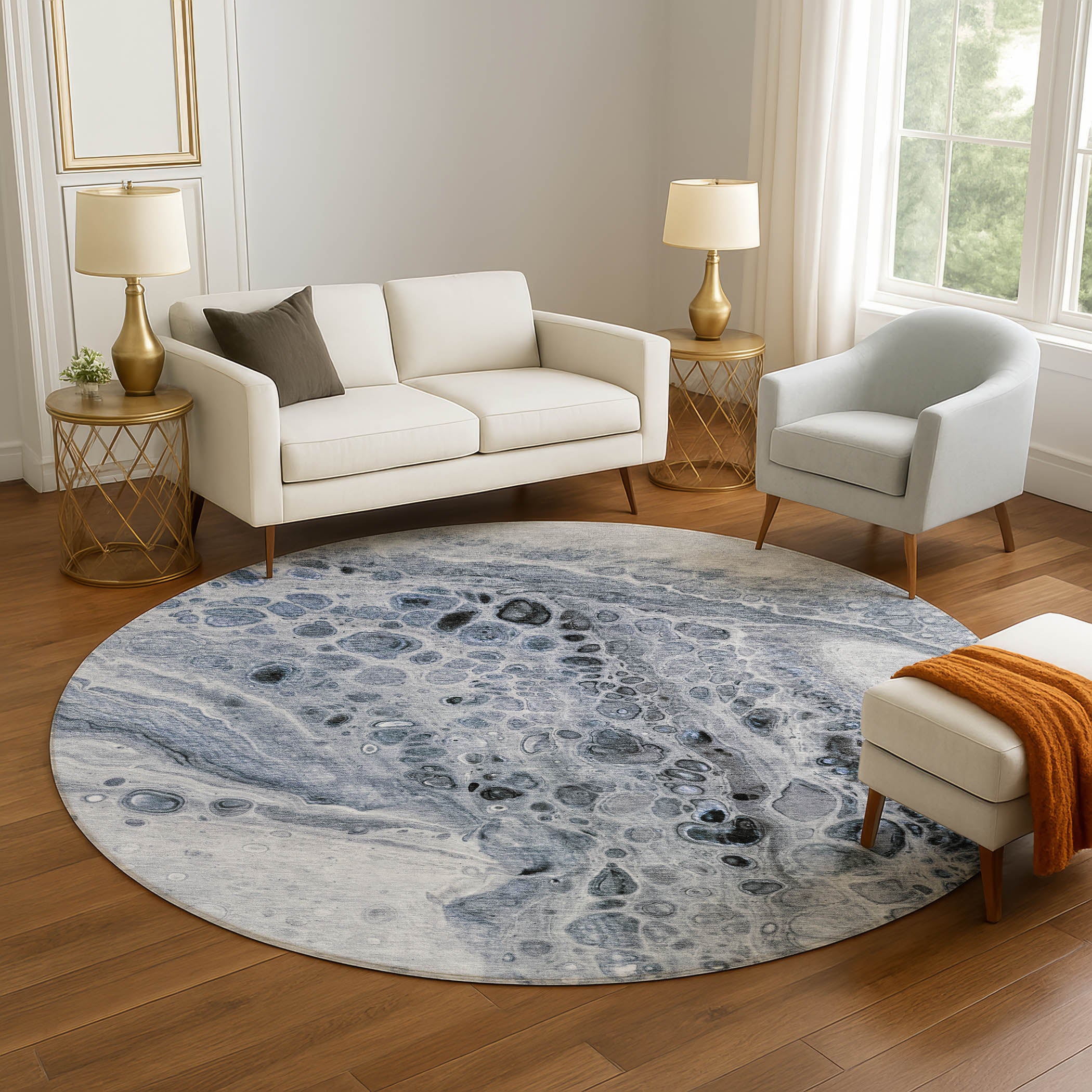 Lisbon Machine Washable Transitional Blue Rug 8' x 8' #shape_Round