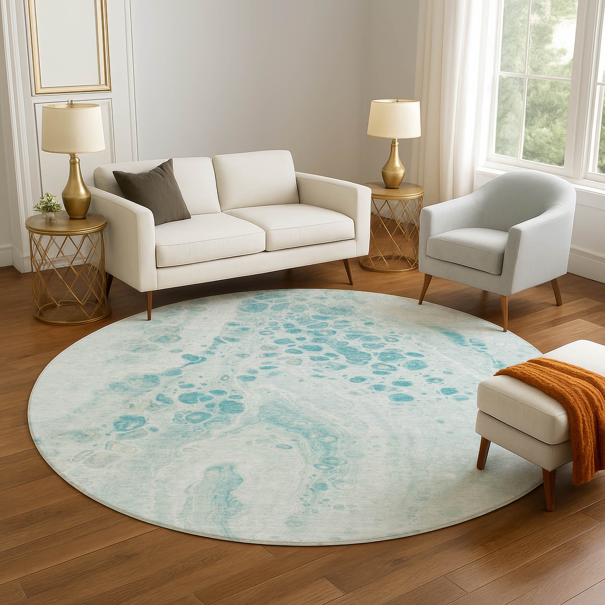 Bruges Machine Washable Transitional Teal Rug 8' x 8' #shape_Round