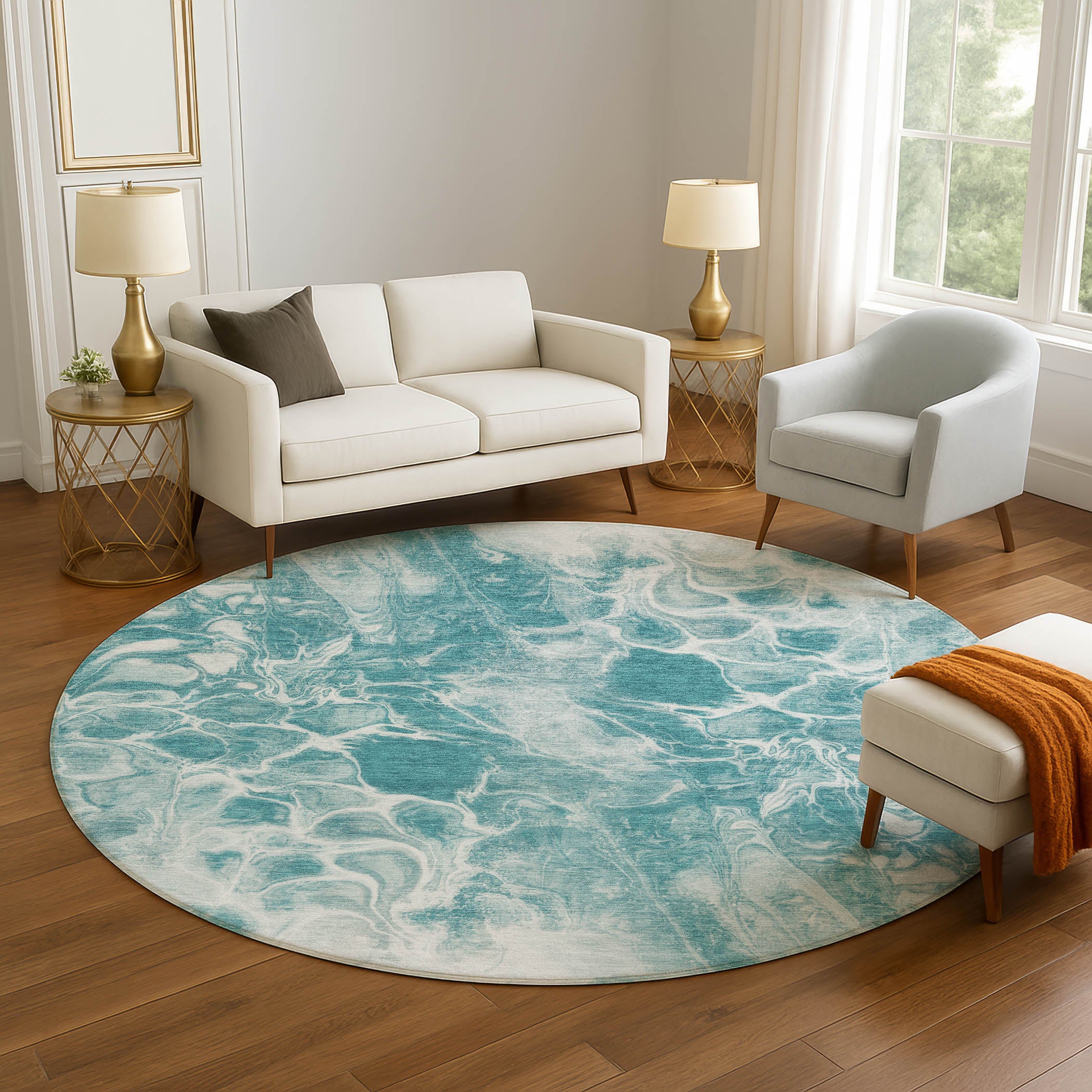 Bogota Machine Washable Transitional Teal Rug 8' x 8' #shape_Round