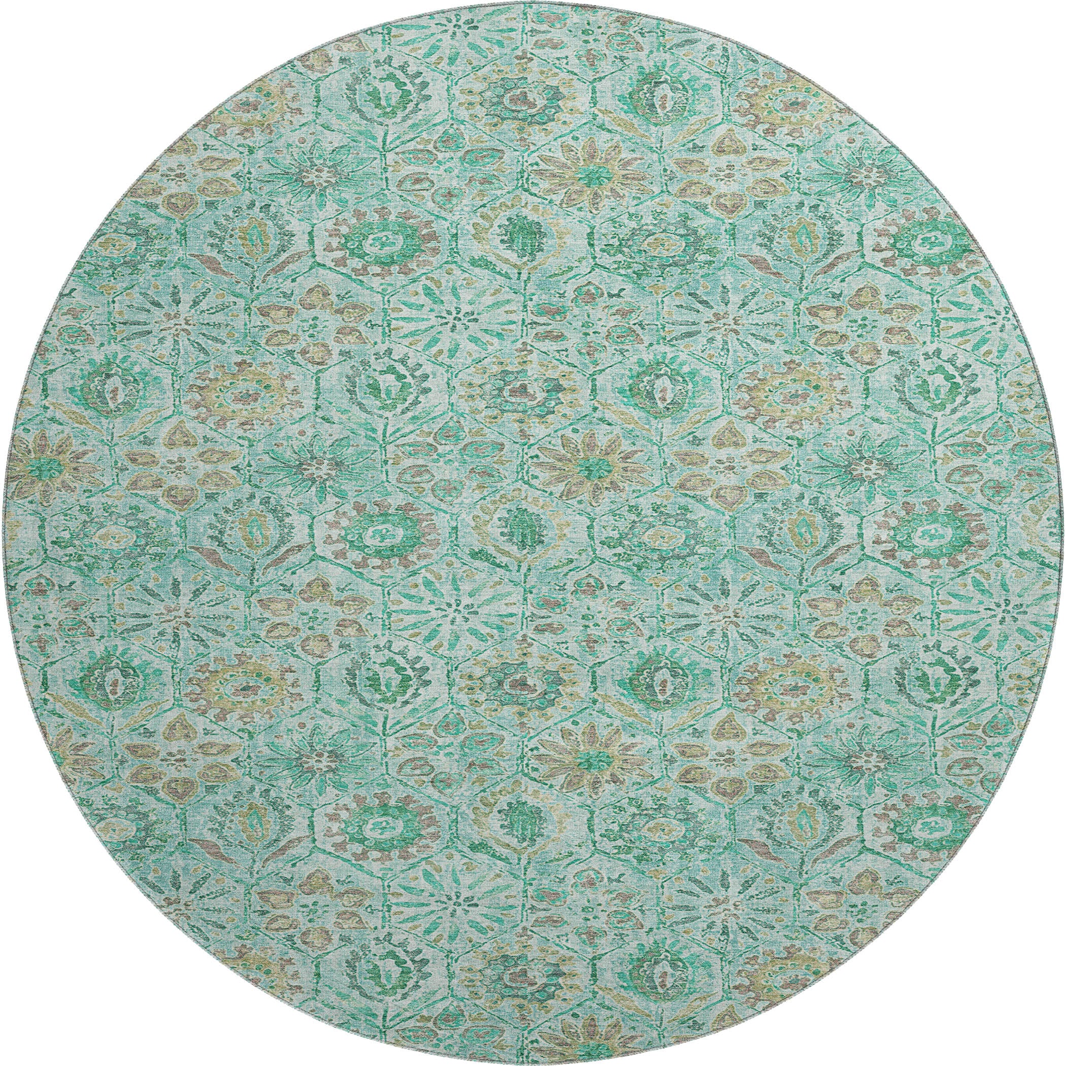 Split Machine Washable Transitional Aqua Teal Rug 8' x 8' #shape_Round