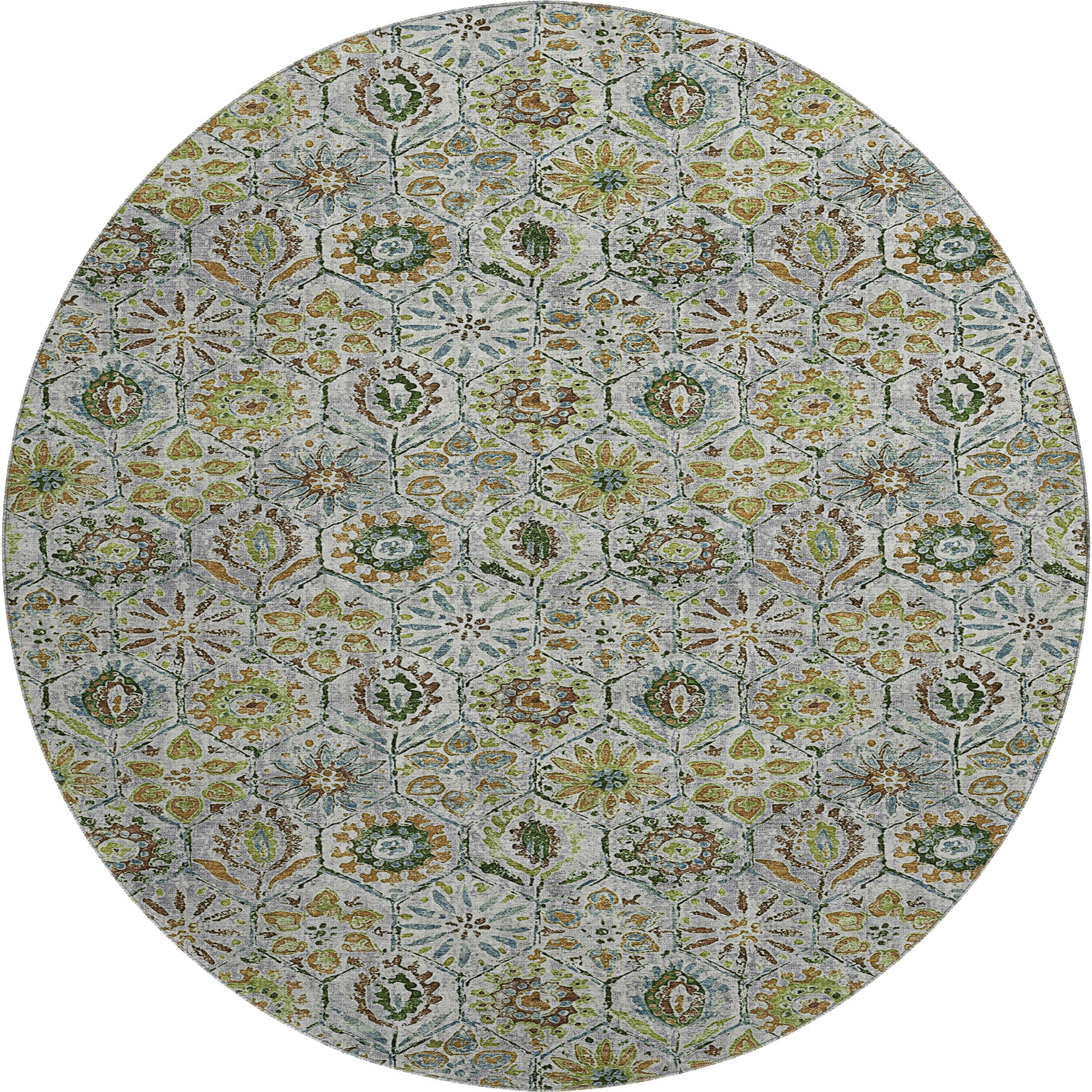 Split Machine Washable Transitional Green Rug 8' x 8' #shape_Round