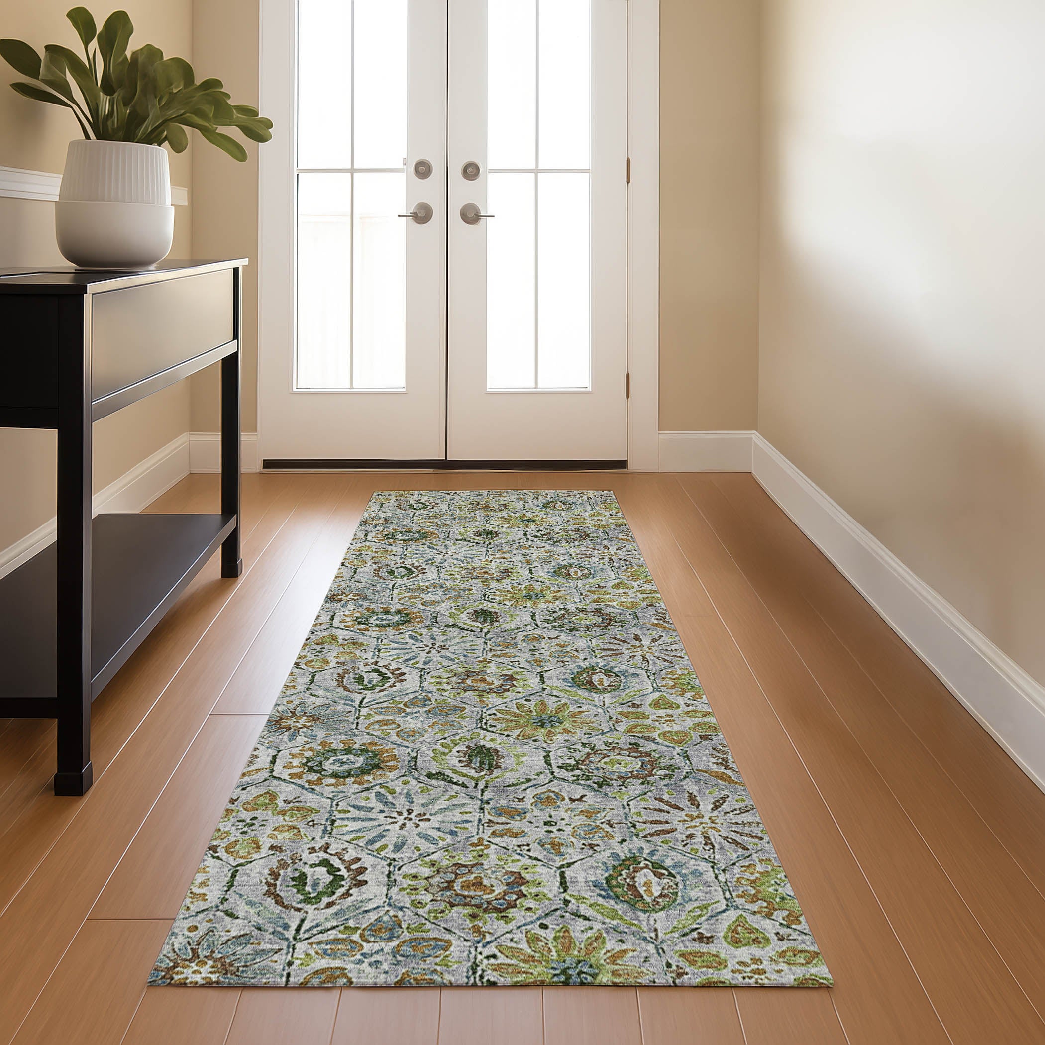 Split Machine Washable Transitional Green Rug 2'3" x 7'6" #shape_Runner