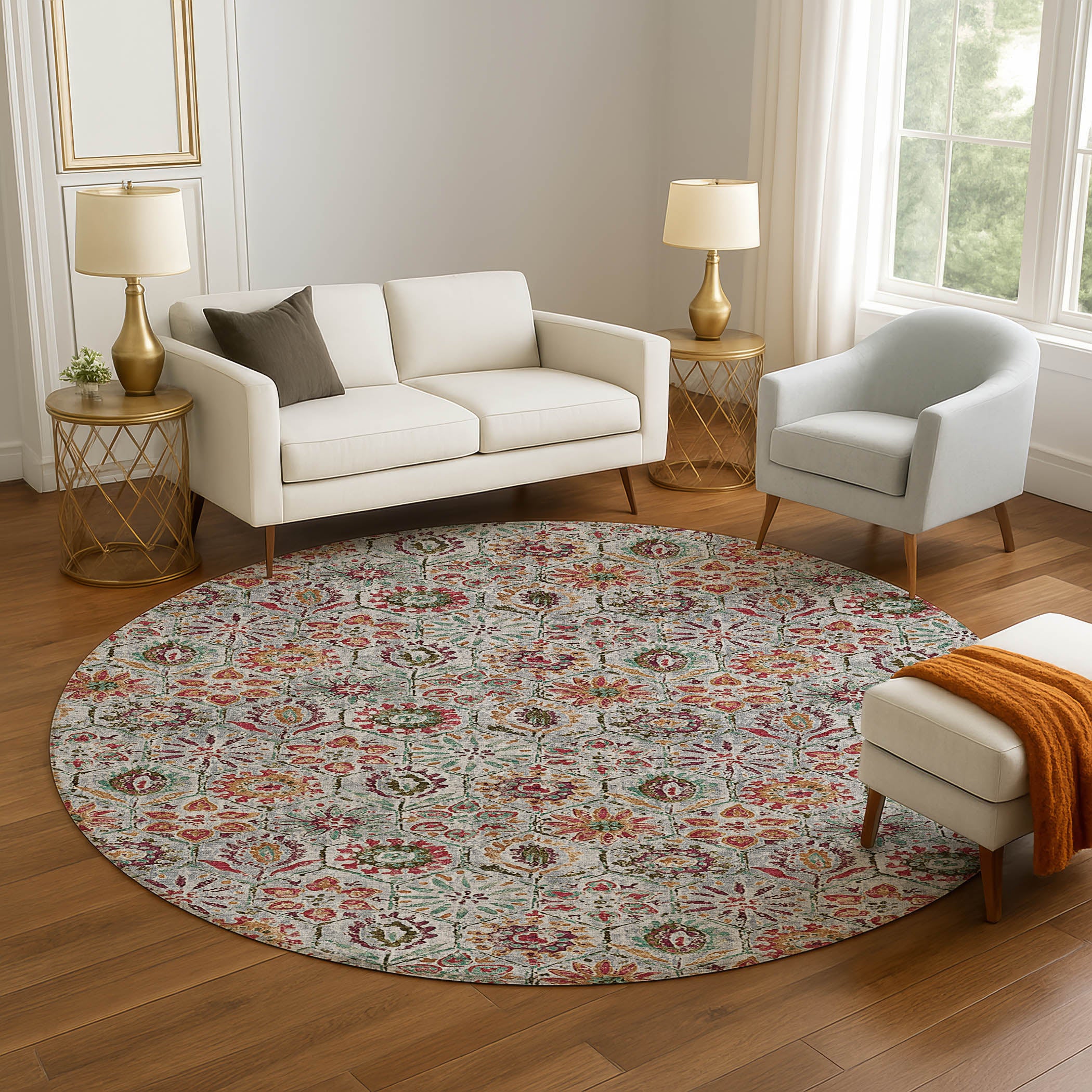 Split Machine Washable Transitional Paprika Orange Rug 8' x 8' #shape_Round