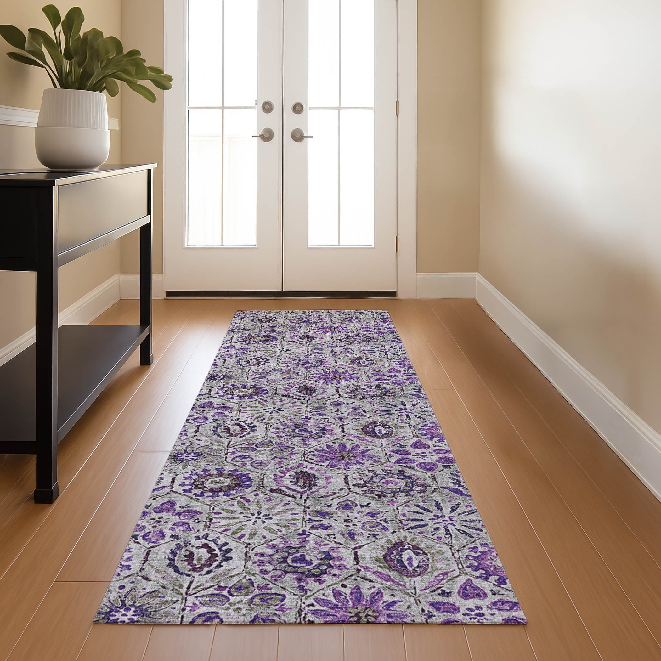 Split Machine Washable Transitional Purple Rug 2'3" x 7'6" #shape_Runner