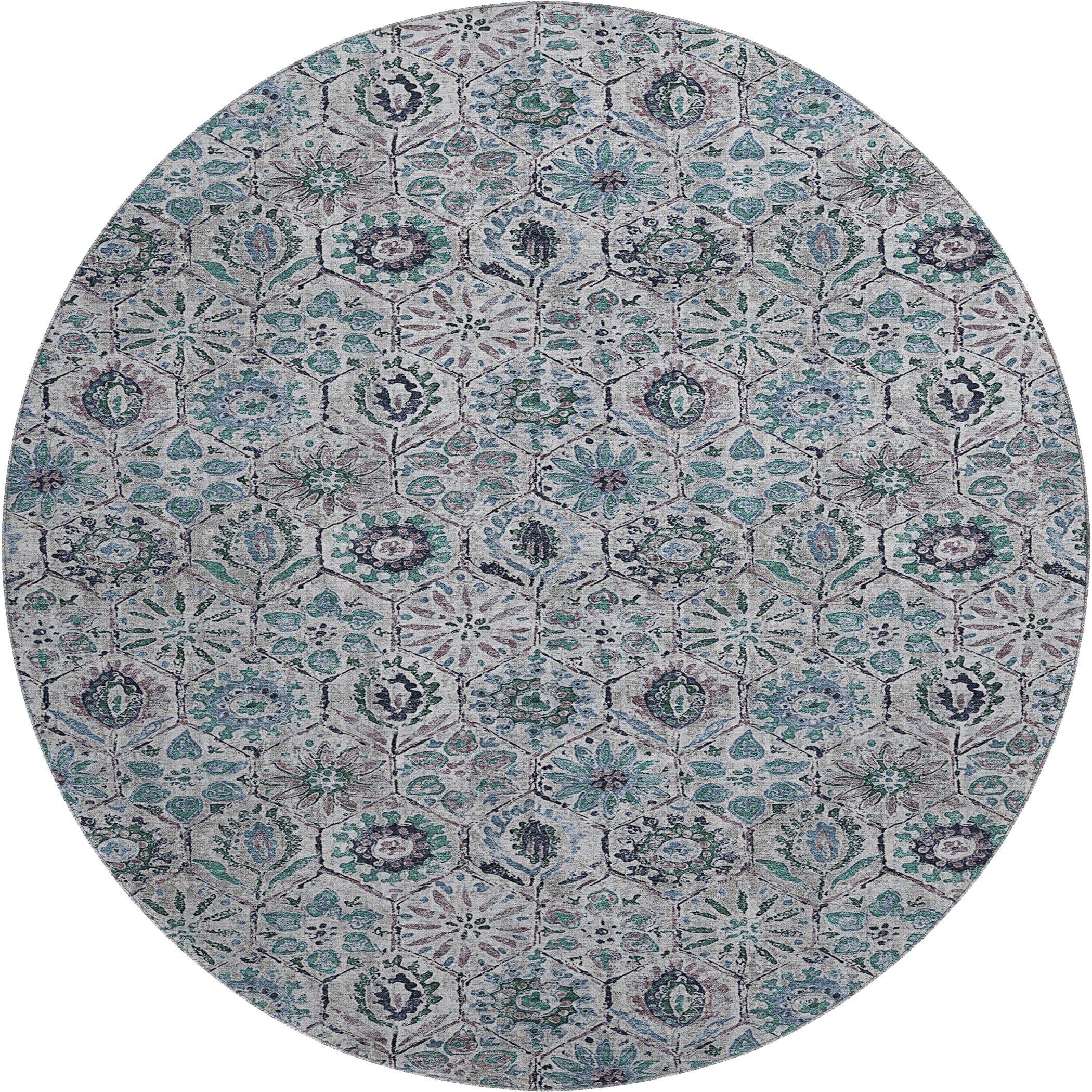Split Machine Washable Transitional Teal Rug 8' x 8' #shape_Round