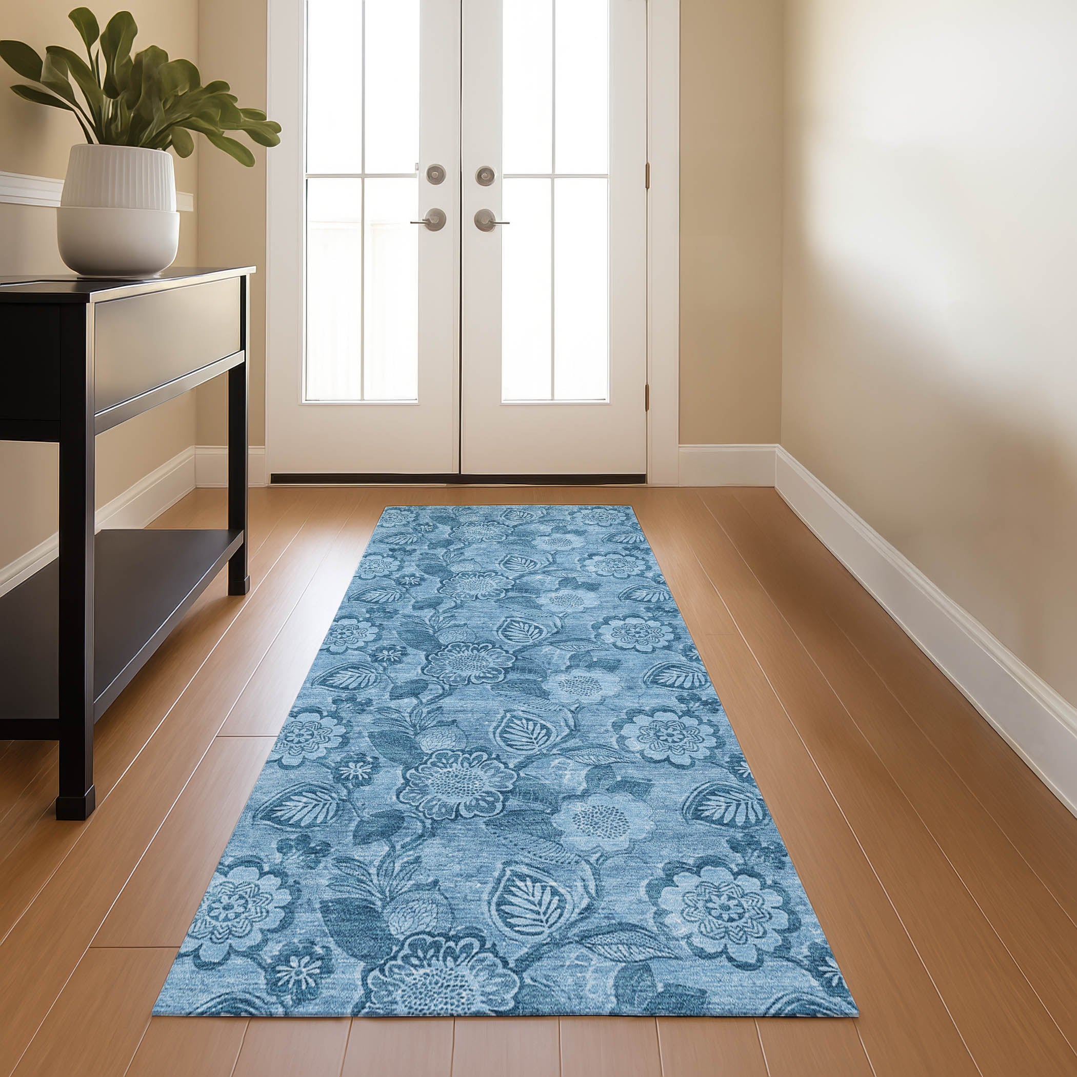 Mdina Machine Washable Transitional Blue Rug 2'3" x 7'6" #shape_Runner